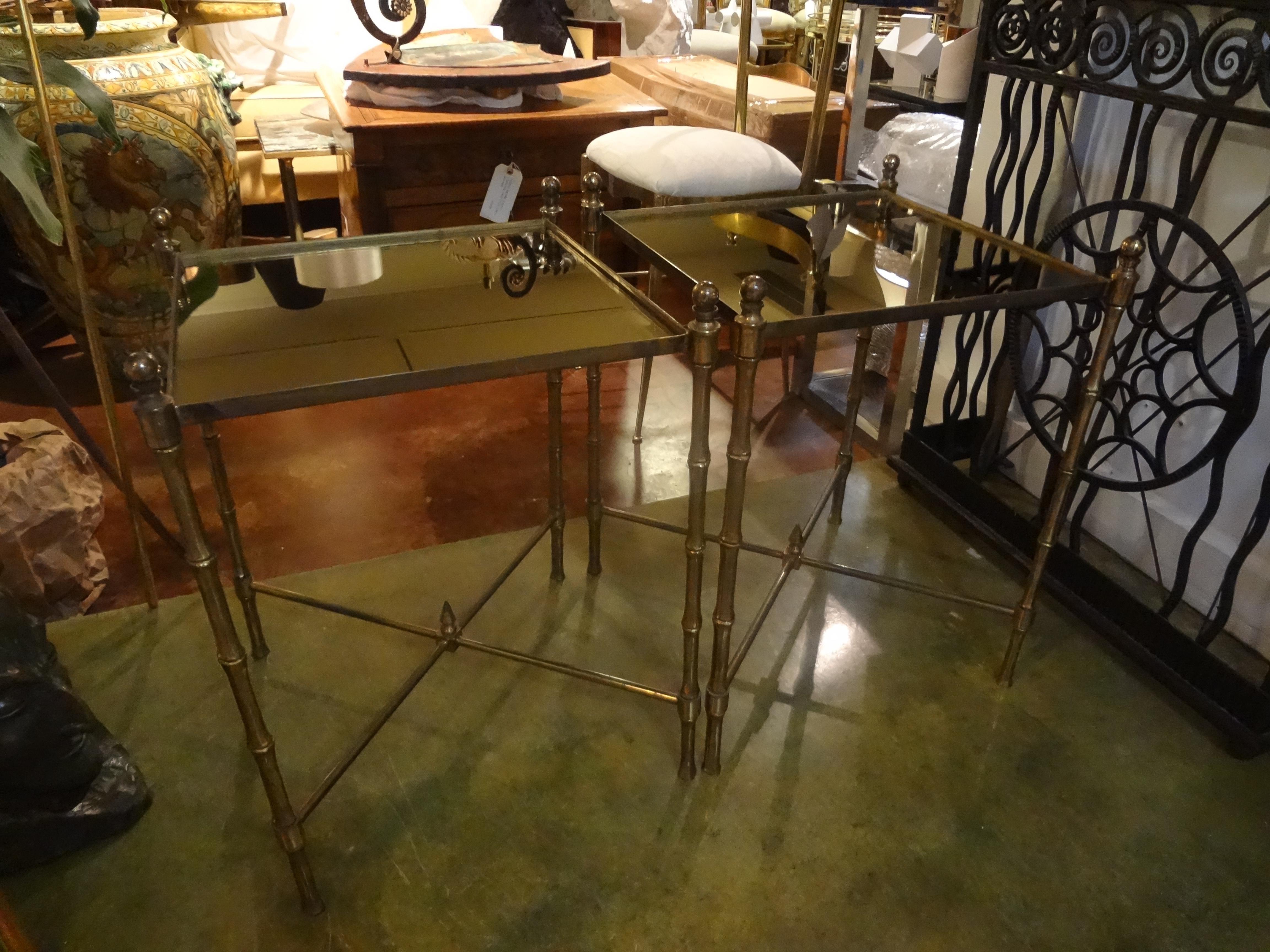 Hollywood Regency Pair of French Brass Tables in the Manner of Maison Jansen