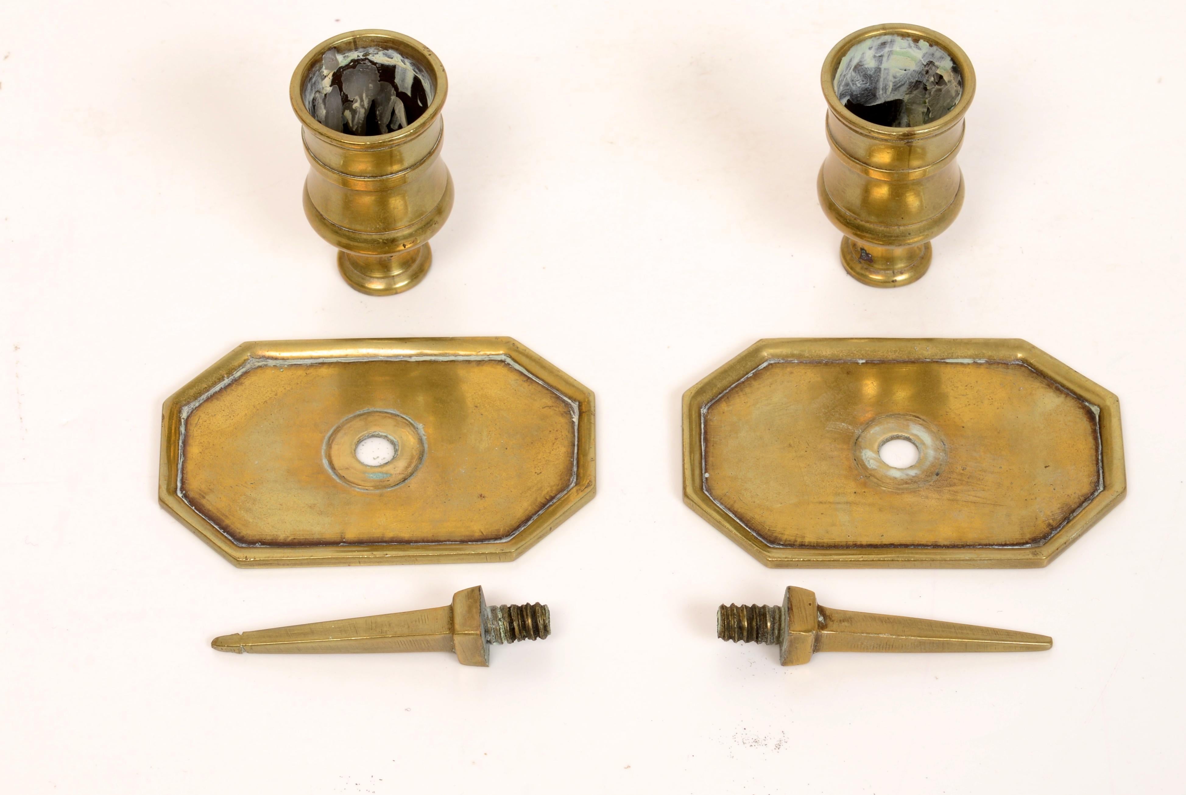Pair of French Brass Tric Trac Game Table Candlesticks, Louis XVI c1780 1