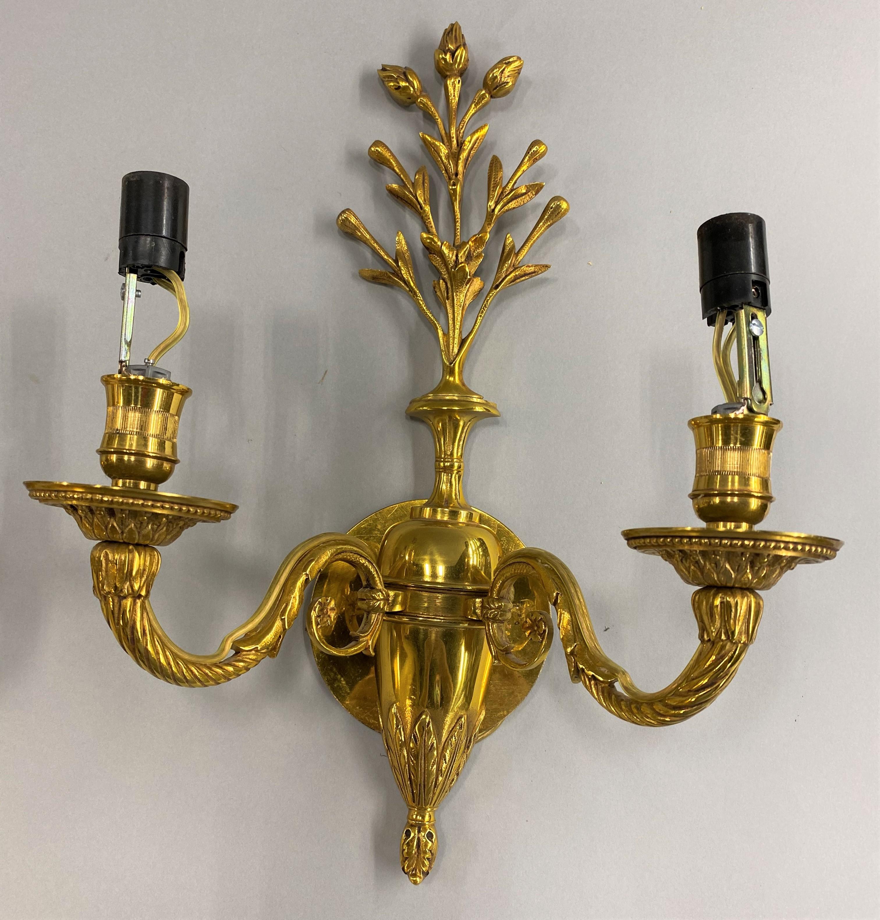 Gilt Pair of French Brass Two-Light Sconces Attributed to Maison Charles