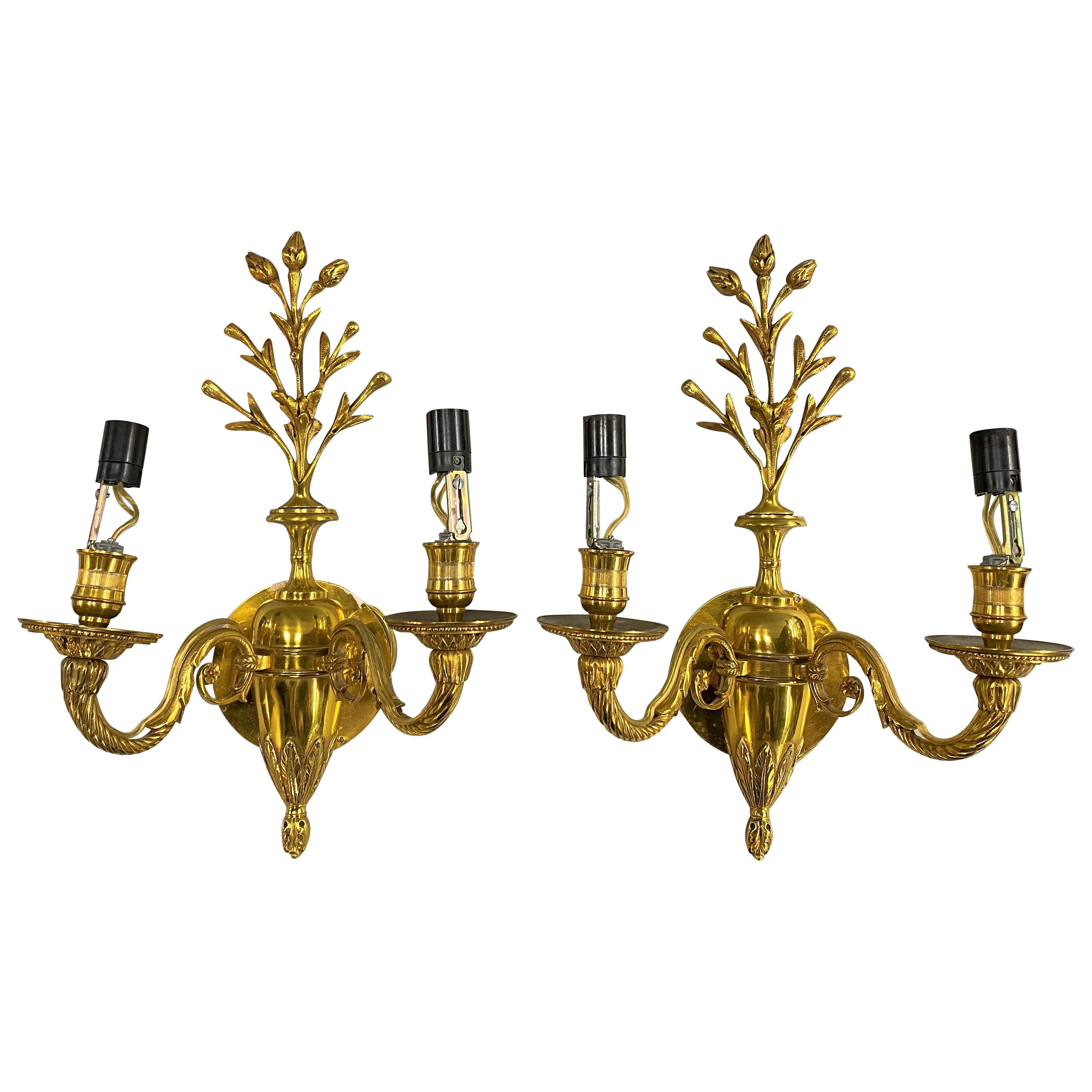 Pair of French Brass Two-Light Sconces Attributed to Maison Charles