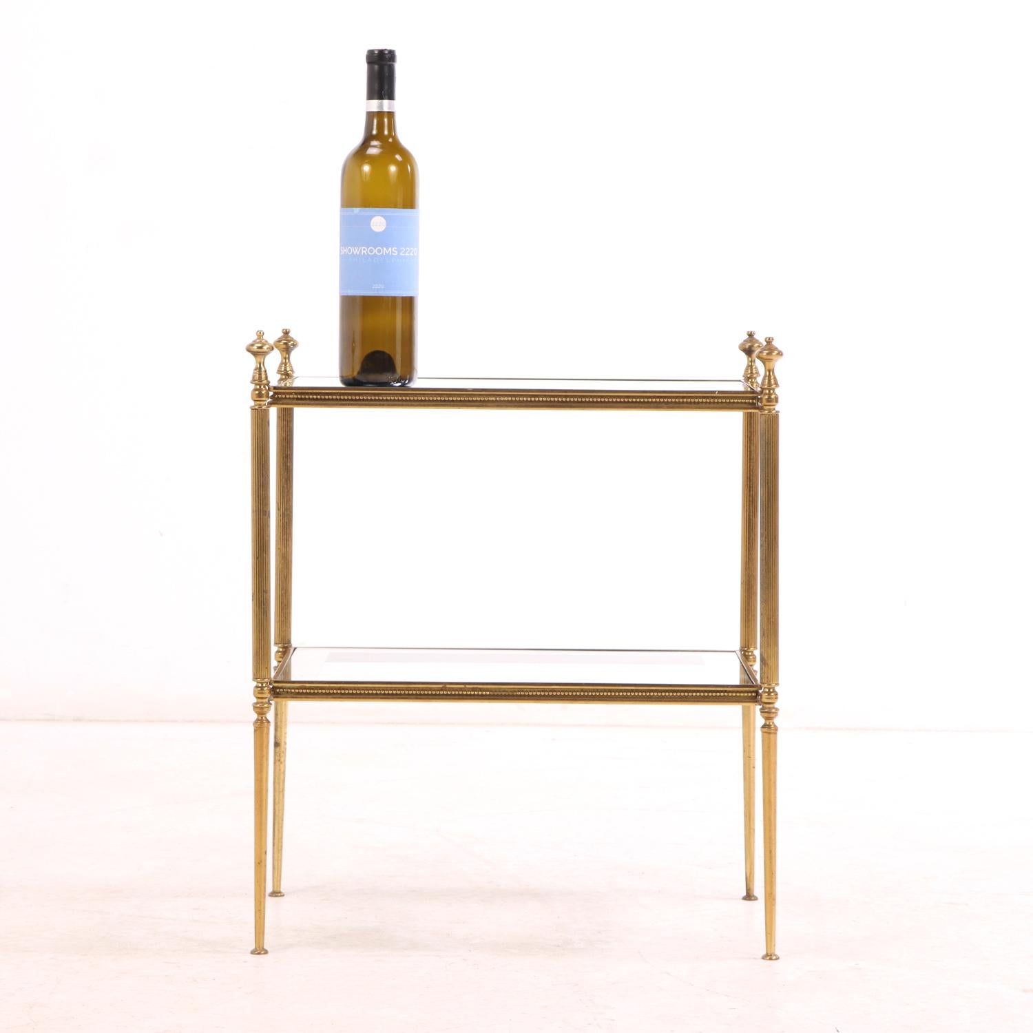 Pair of French Brass Two-Tier Tables, in the manner of Maison Jansen, C. 1960. In Good Condition For Sale In Philadelphia, PA