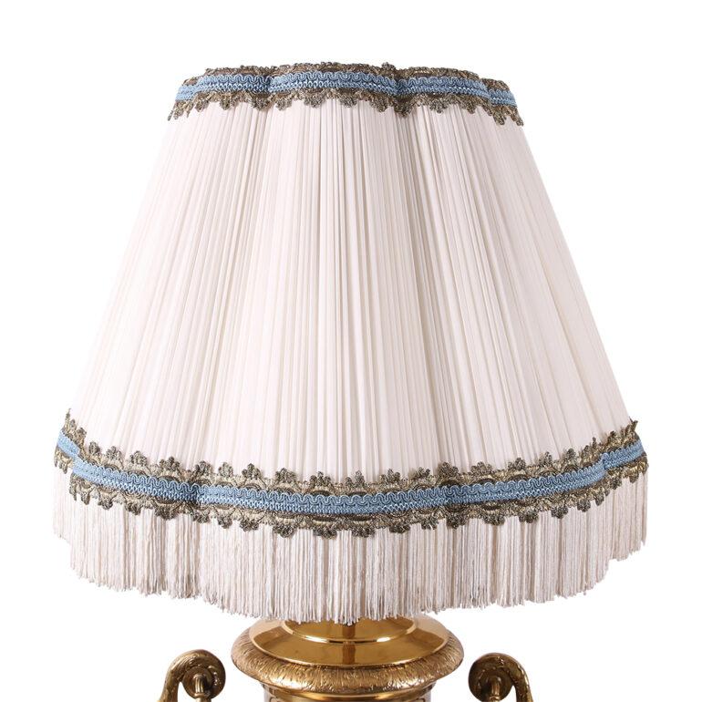 French Brass Urn Lamps. The Shades are absolutely stunning, custom made with pleated silk.  The bases are solid brass and have beautiful detail.
Dimensions:
18″ Diameter
36″ tall