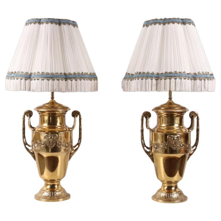 Pair of French Brass Urn Lamps With Custom Silk Shades FY24-252 A-B For Sale