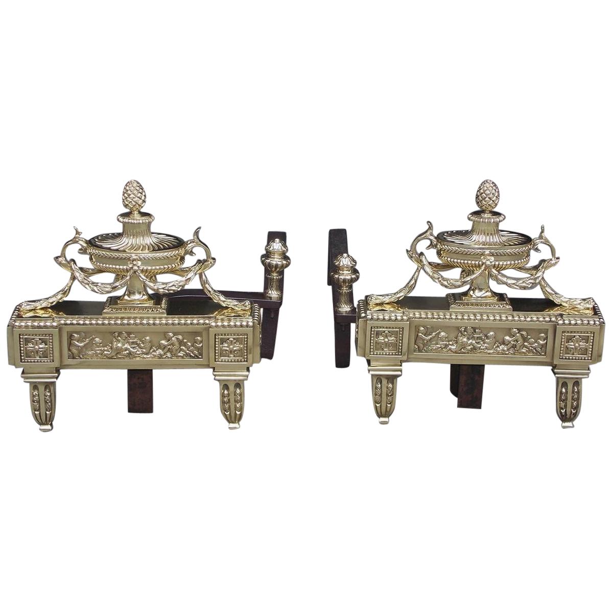 Pair of French Brass Urn Swag Finial 
Cherub Frieze Foliage Andirons , C. 1820