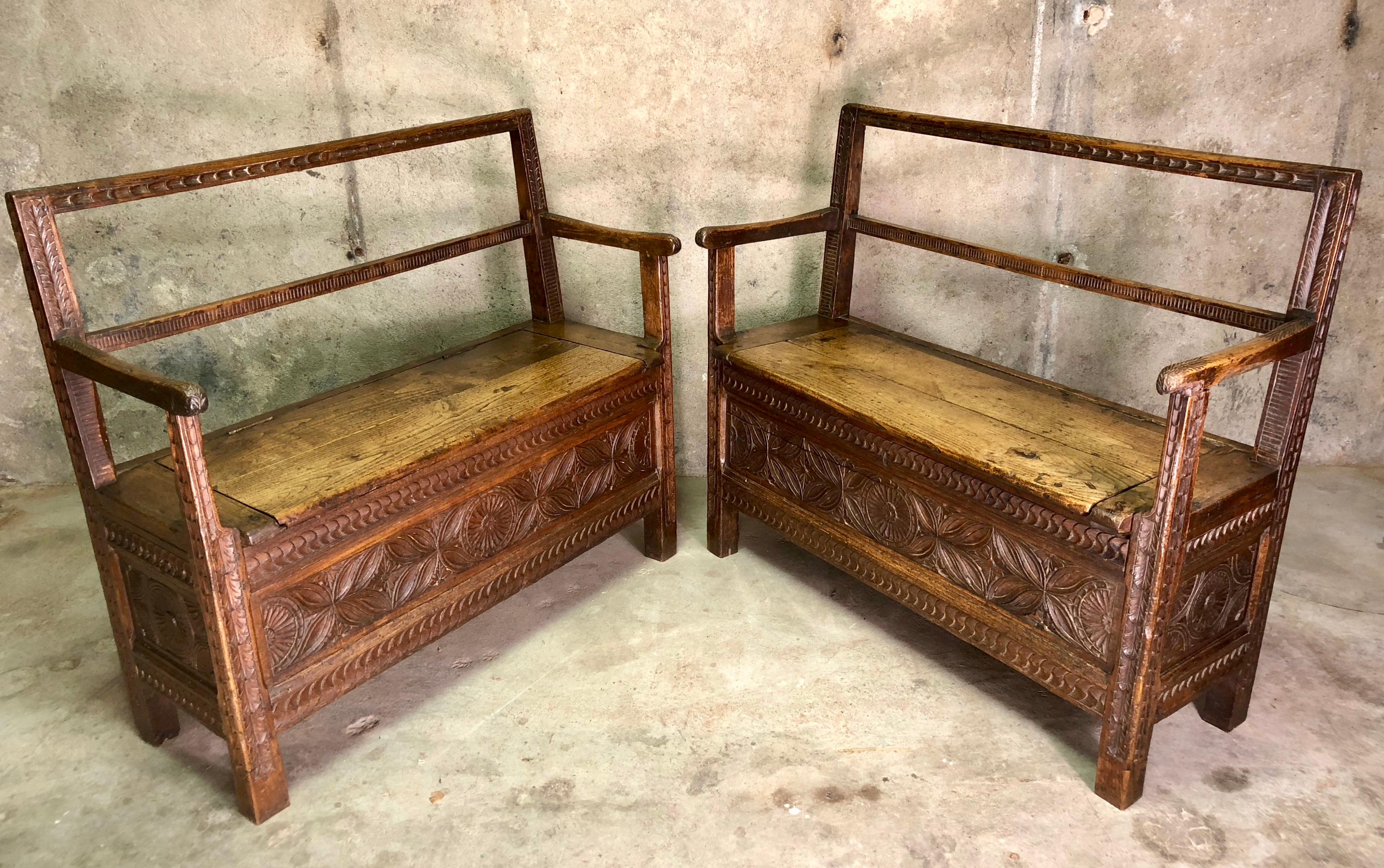 Rustic Pair of French Breton Wooden Bench Chests, circa 19th Century