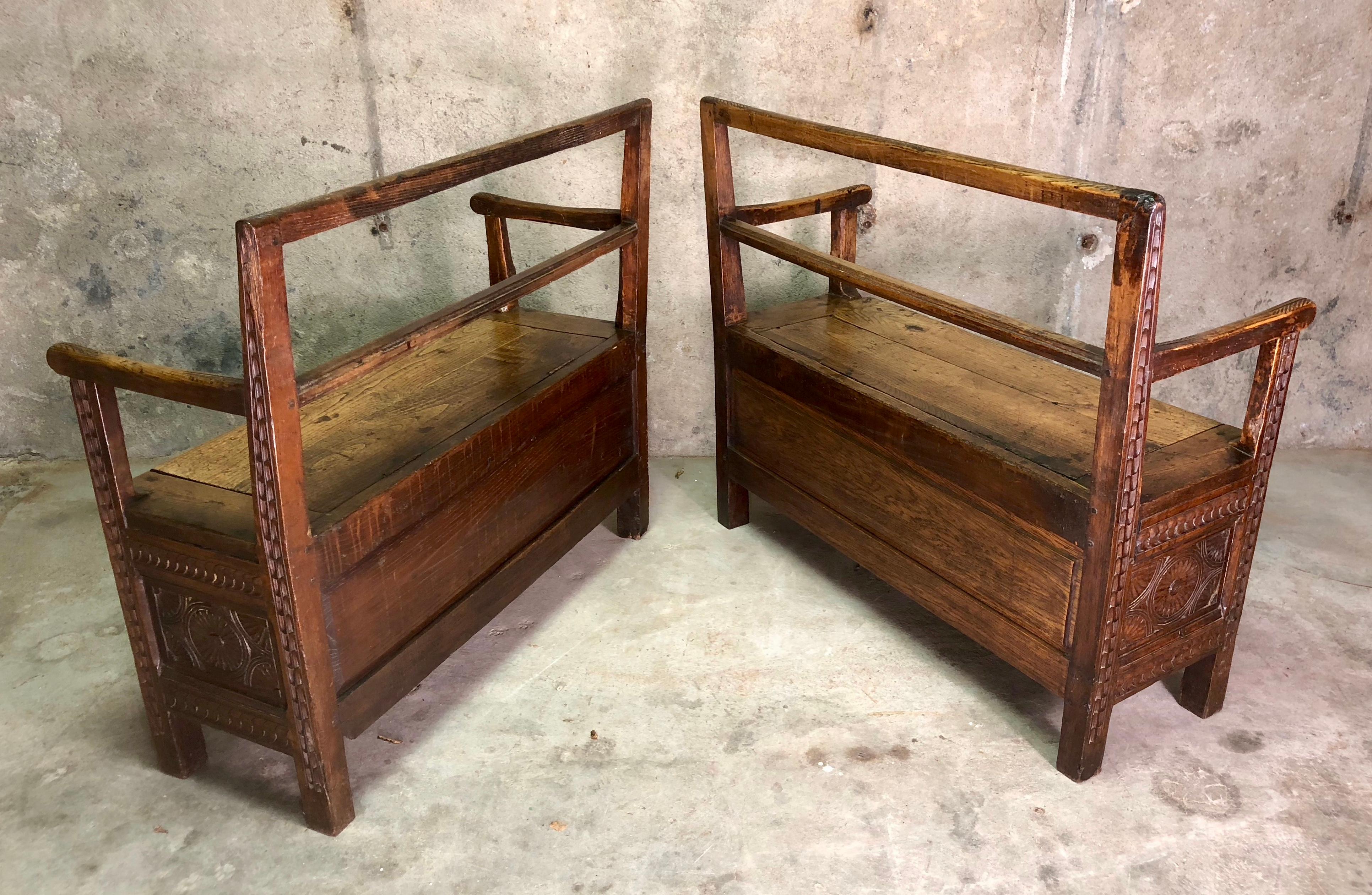 Hand-Carved Pair of French Breton Wooden Bench Chests, circa 19th Century