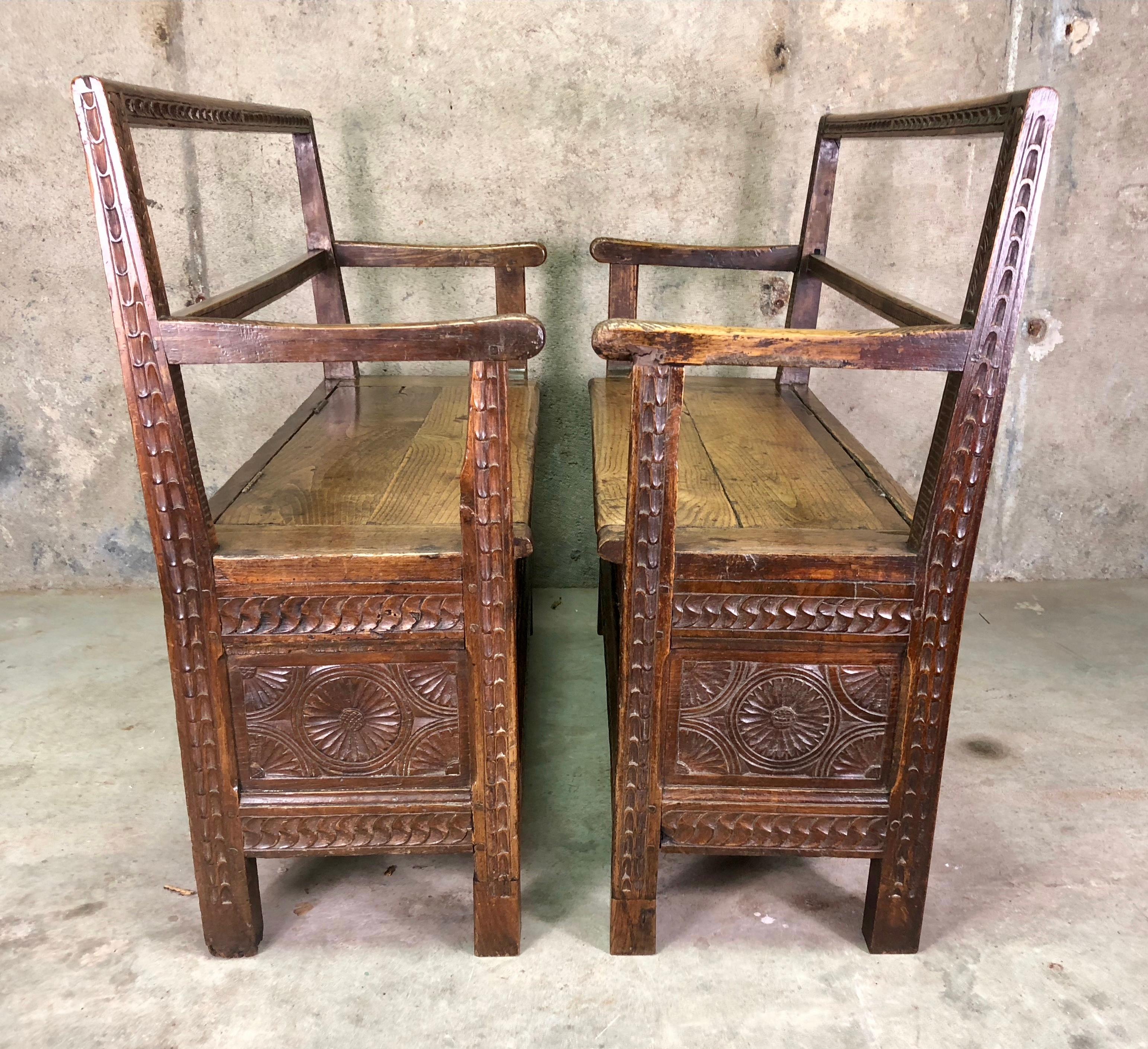 Pair of French Breton Wooden Bench Chests, circa 19th Century In Fair Condition In CHINON, FR