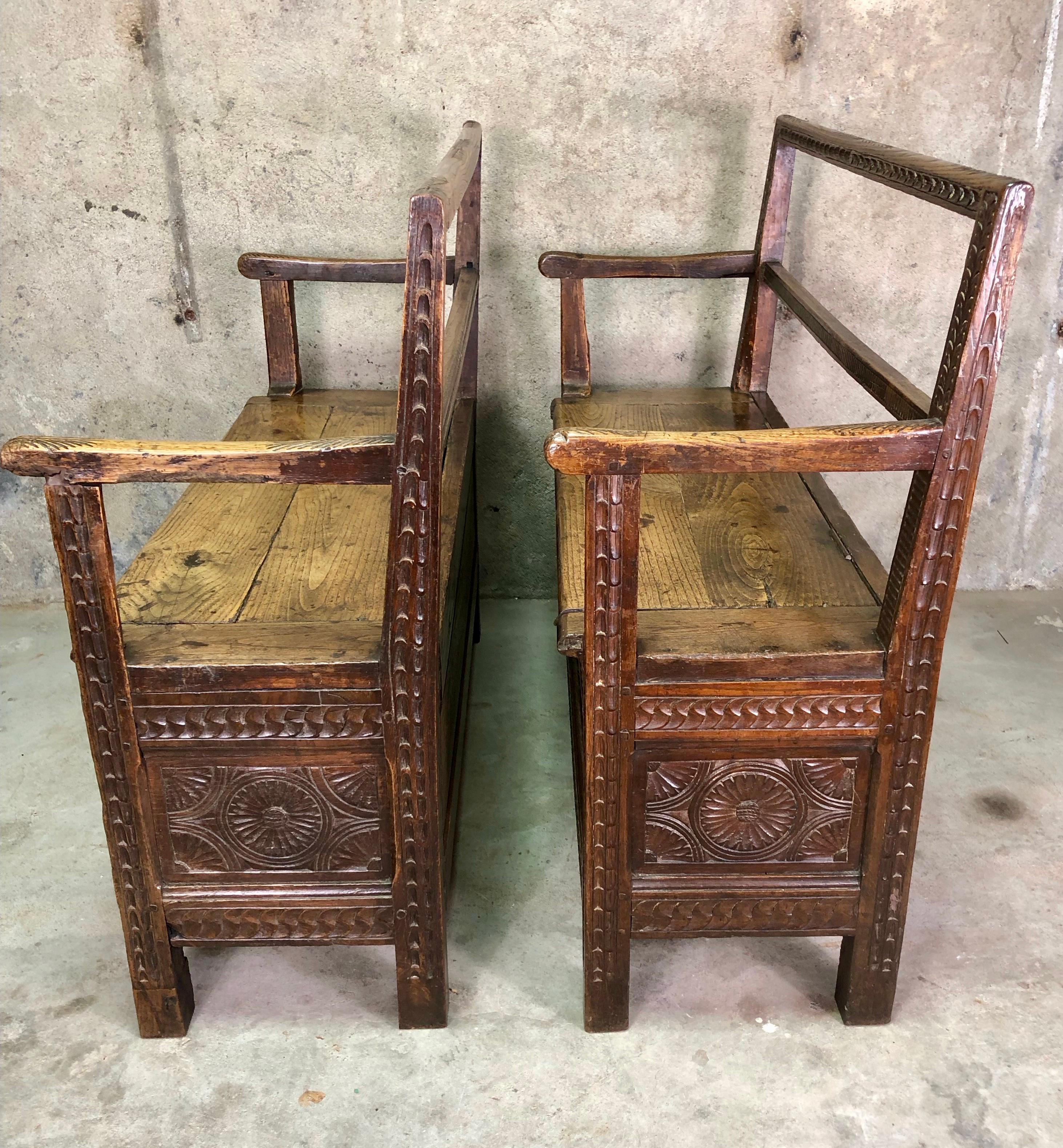 Oak Pair of French Breton Wooden Bench Chests, circa 19th Century