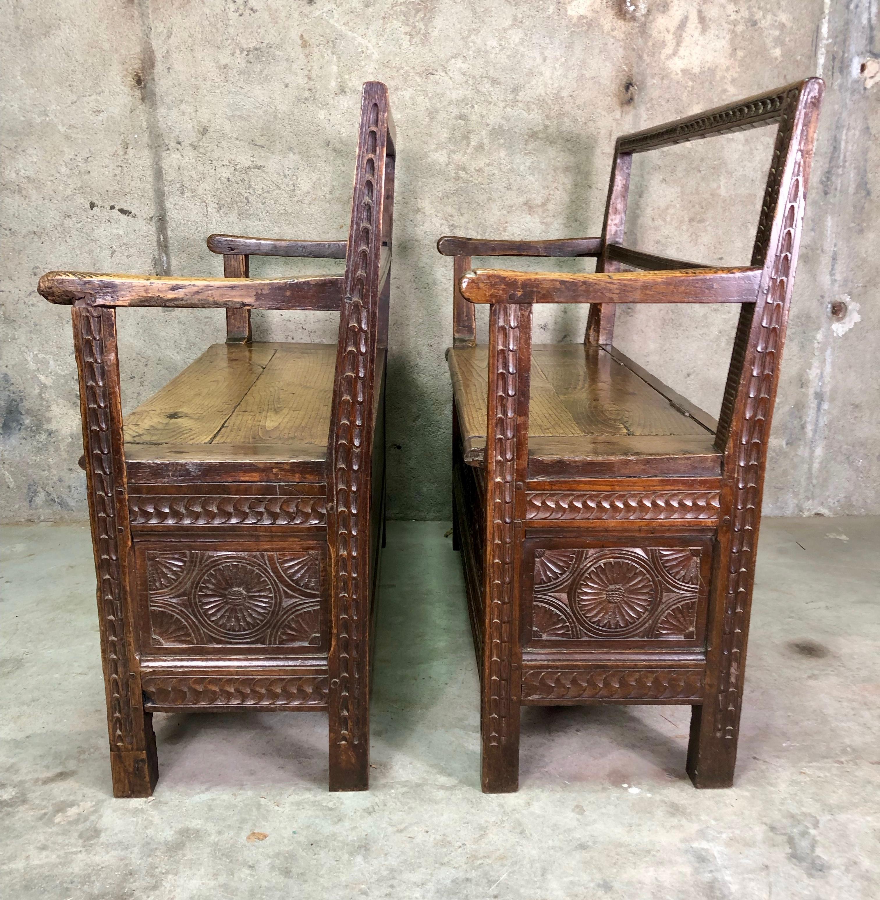 Pair of French Breton Wooden Bench Chests, circa 19th Century 1