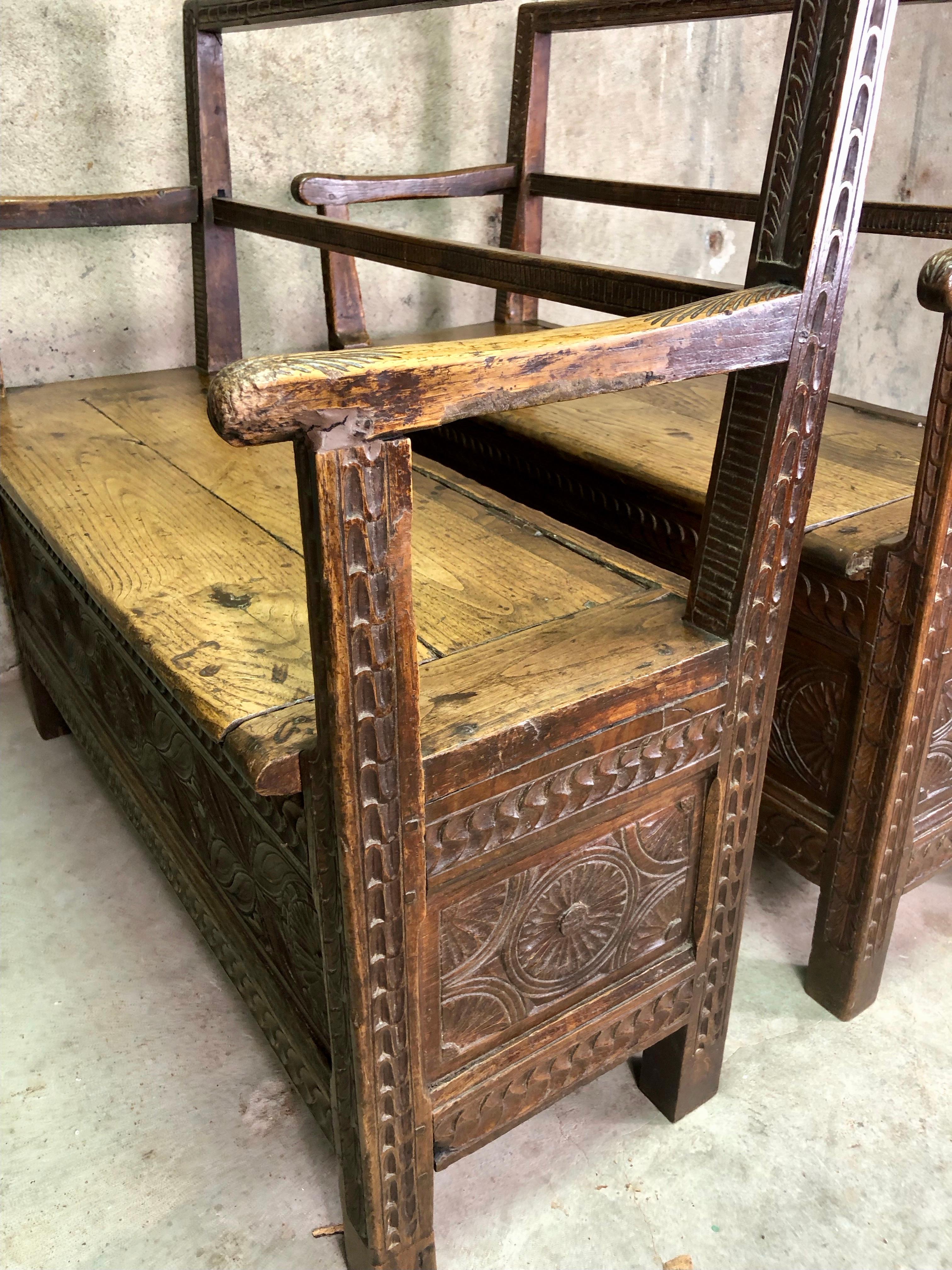 Pair of French Breton Wooden Bench Chests, circa 19th Century 2