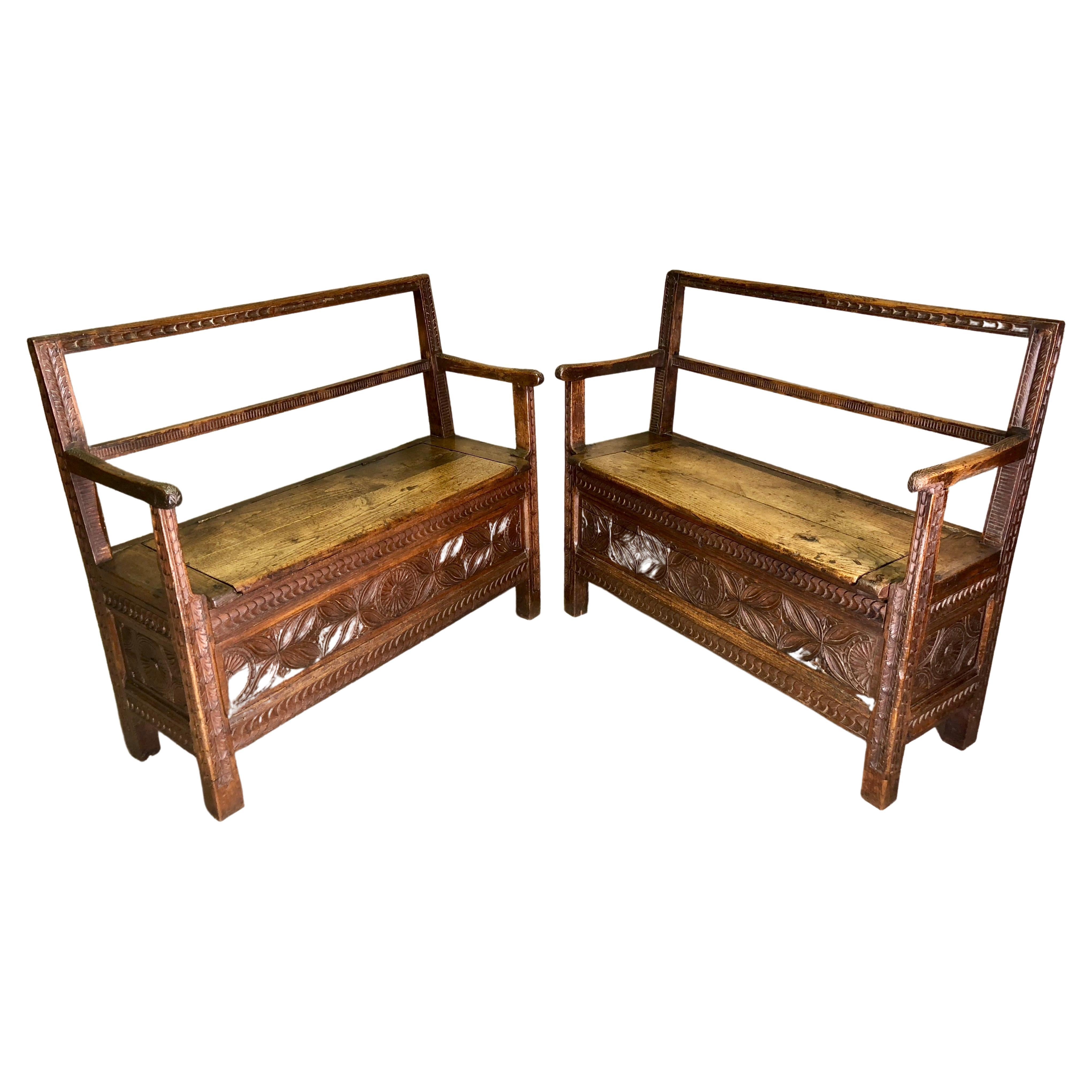 Pair of French Breton Wooden Bench Chests, circa 19th Century