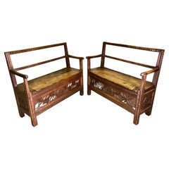 Pair of French Breton Wooden Bench Chests, circa 19th Century