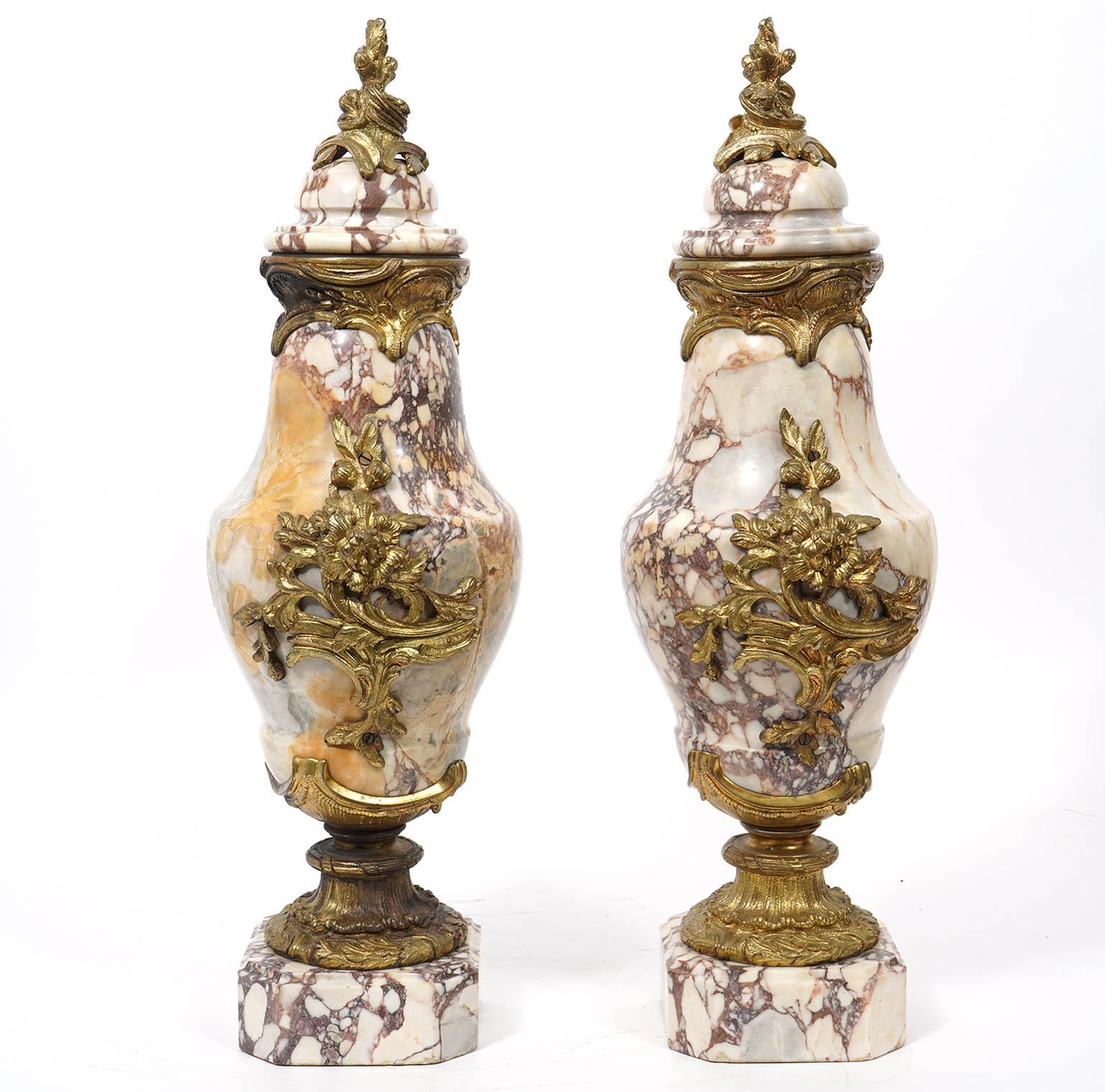 Pair of French Bronze 19th Ct. Mounted Marble Urns Cassolettes 2