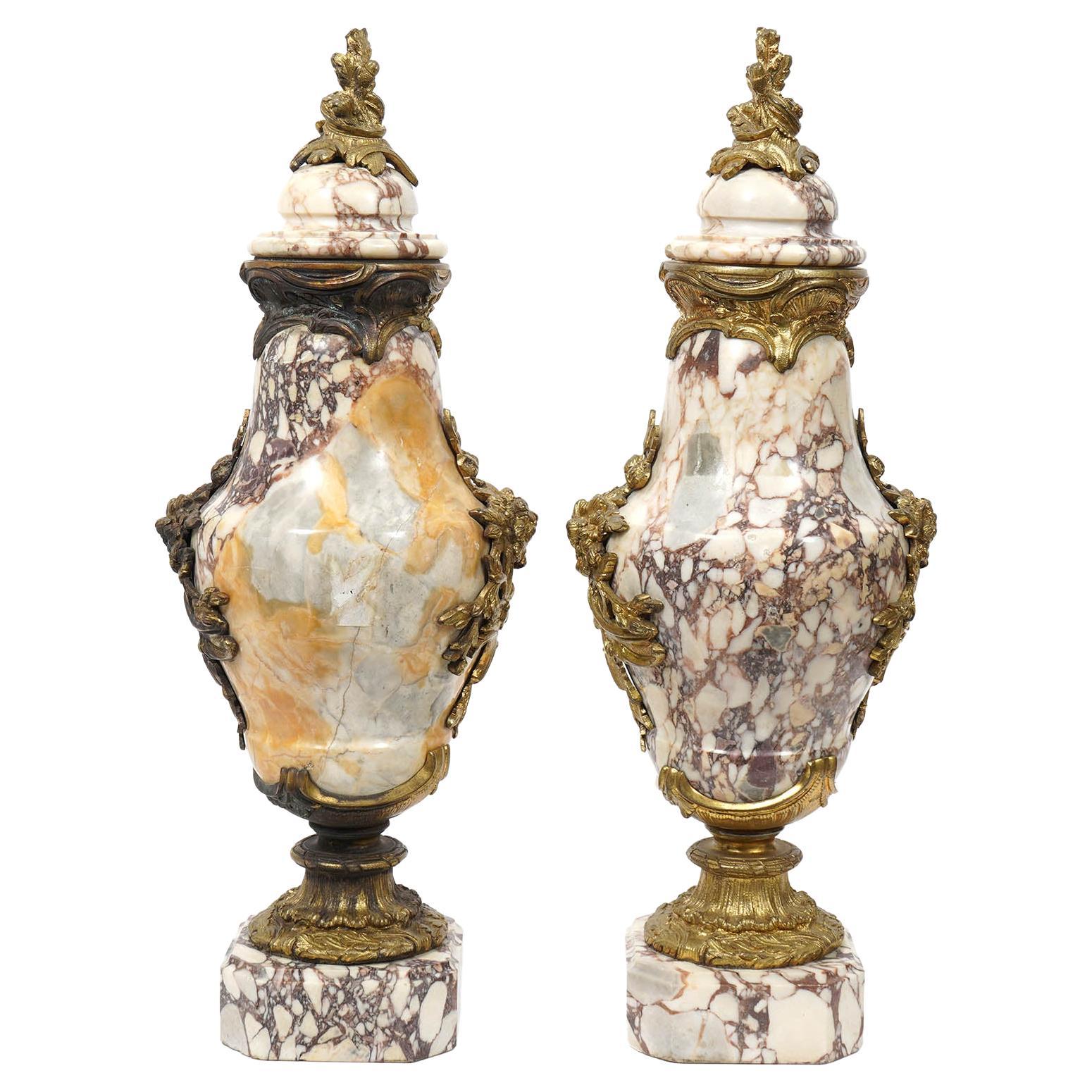 Pair of French Bronze 19th Ct. Mounted Marble Urns Cassolettes