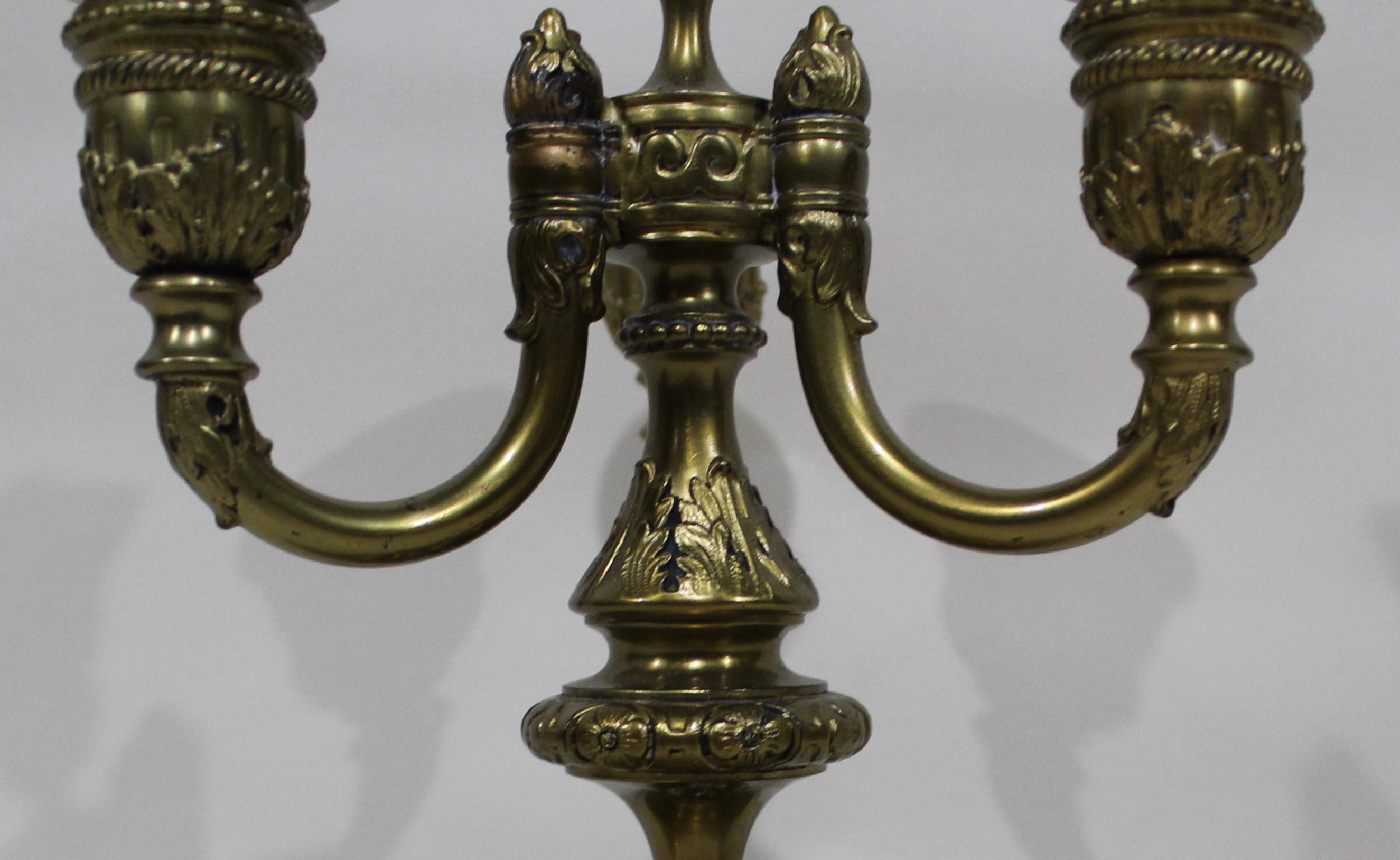 Pair of French Bronze 3-Arm Candelabras with Paw Feet and Etched Glass Base For Sale 2