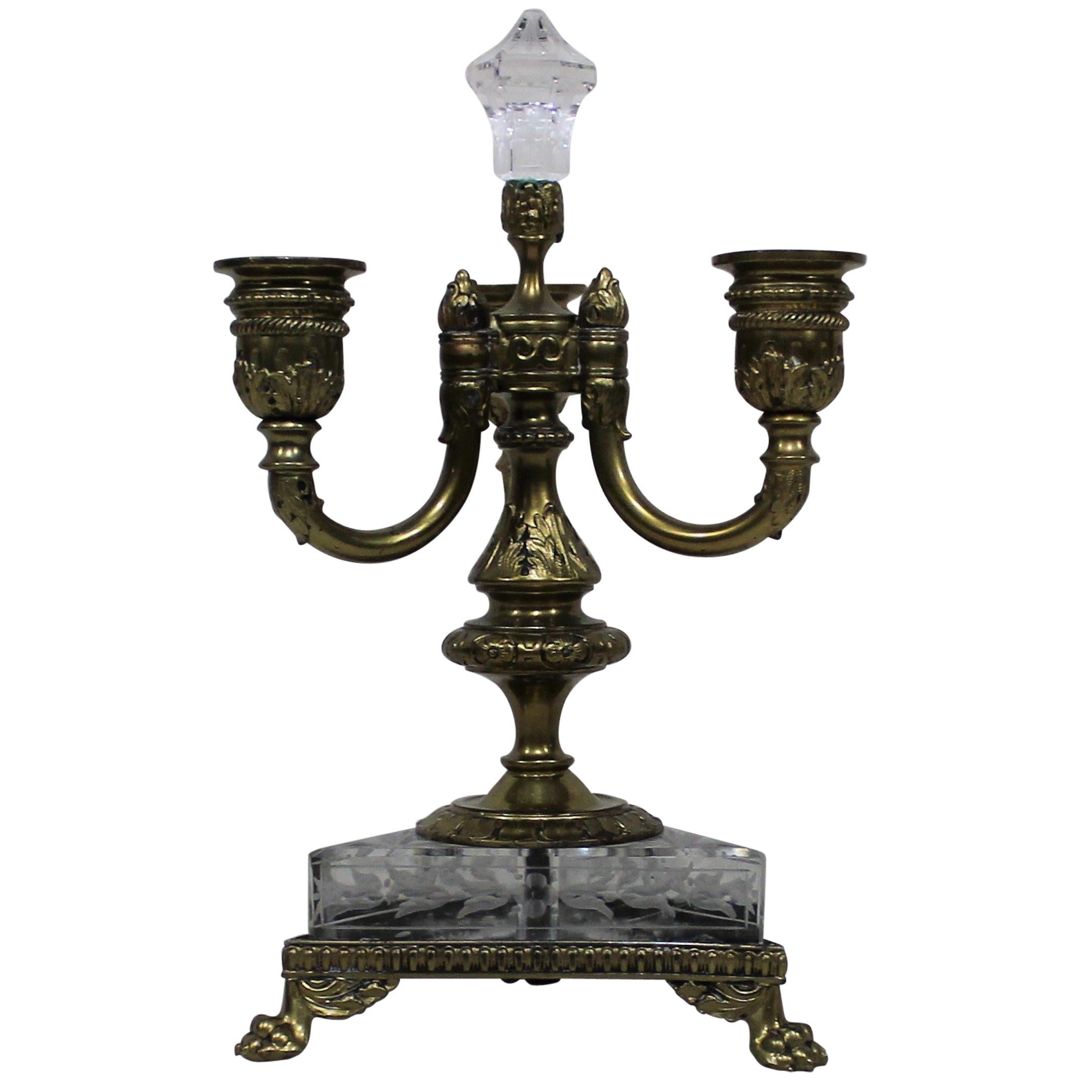 Pair of French Bronze 3-Arm Candelabras with Paw Feet and Etched Glass Base For Sale