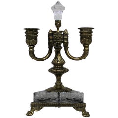 Antique Pair of French Bronze 3-Arm Candelabras with Paw Feet and Etched Glass Base