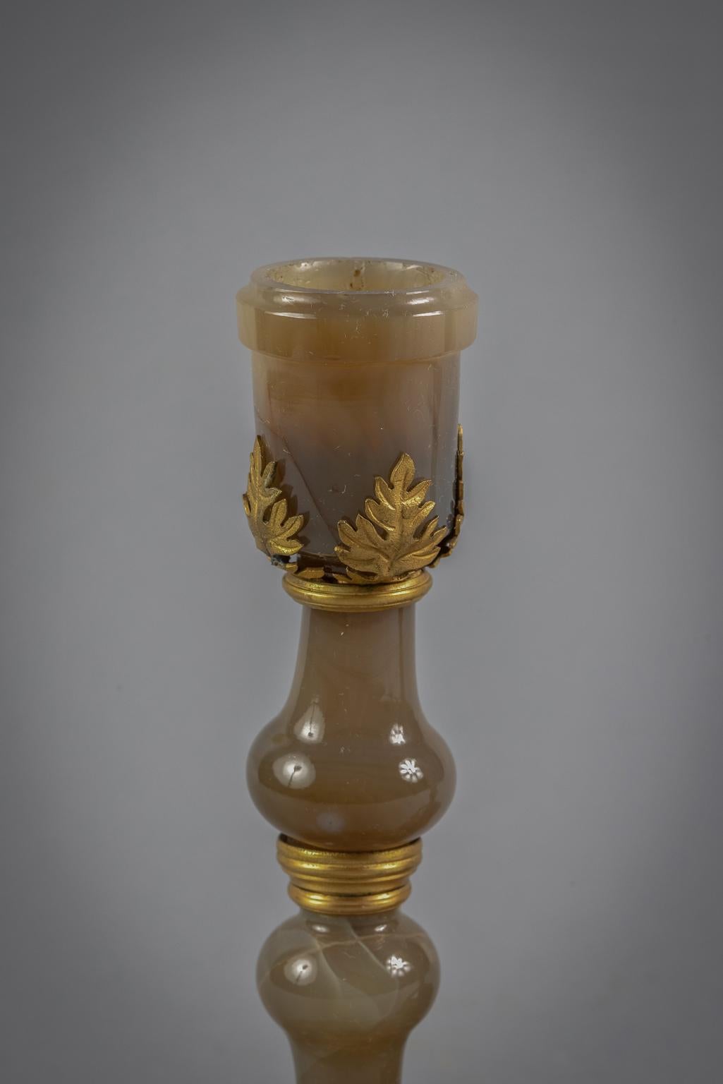 Early 19th Century Pair of French Bronze and Agate Candlesticks, circa 1820 For Sale