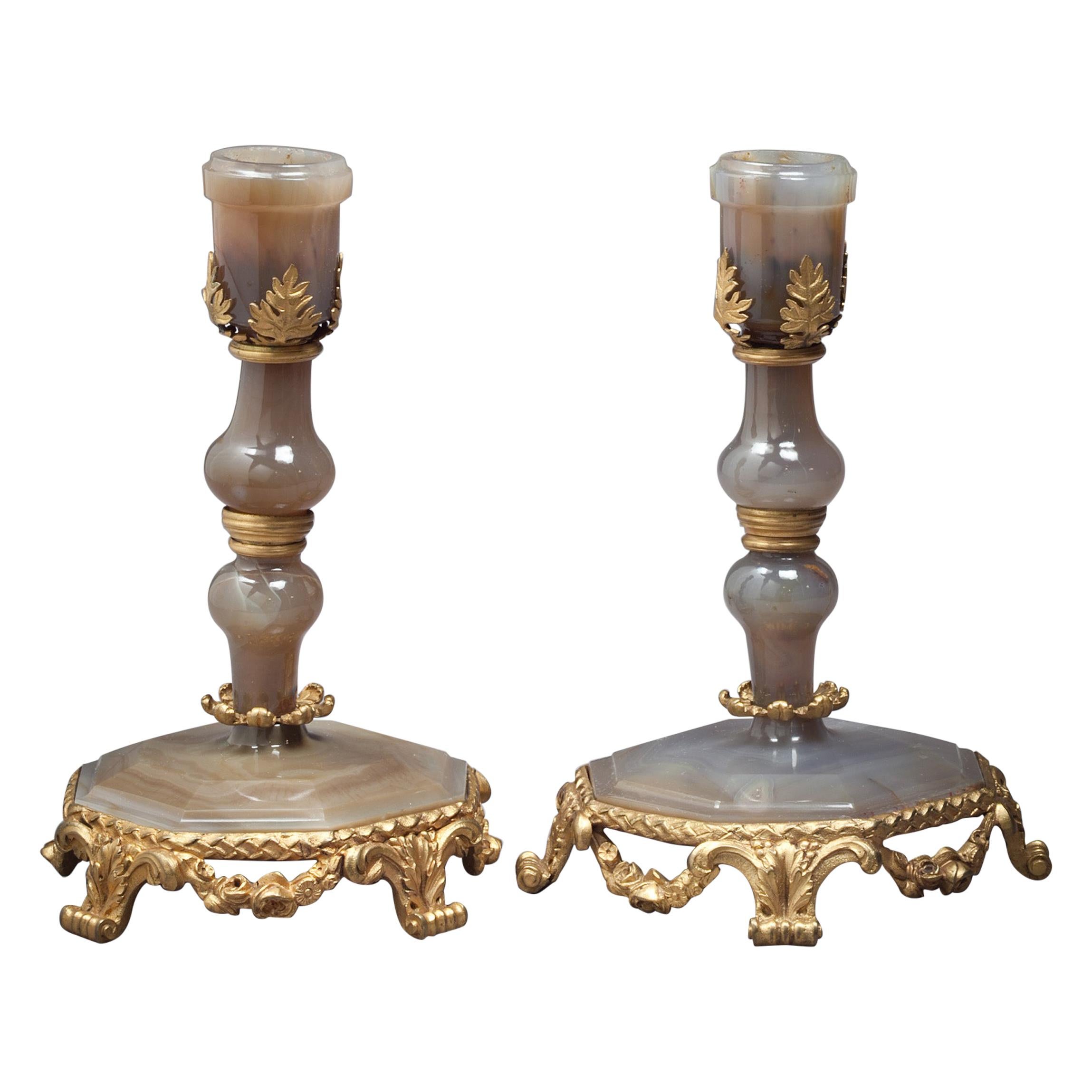 Pair of French Bronze and Agate Candlesticks, circa 1820 For Sale