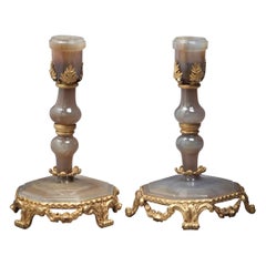 Antique Pair of French Bronze and Agate Candlesticks, circa 1820