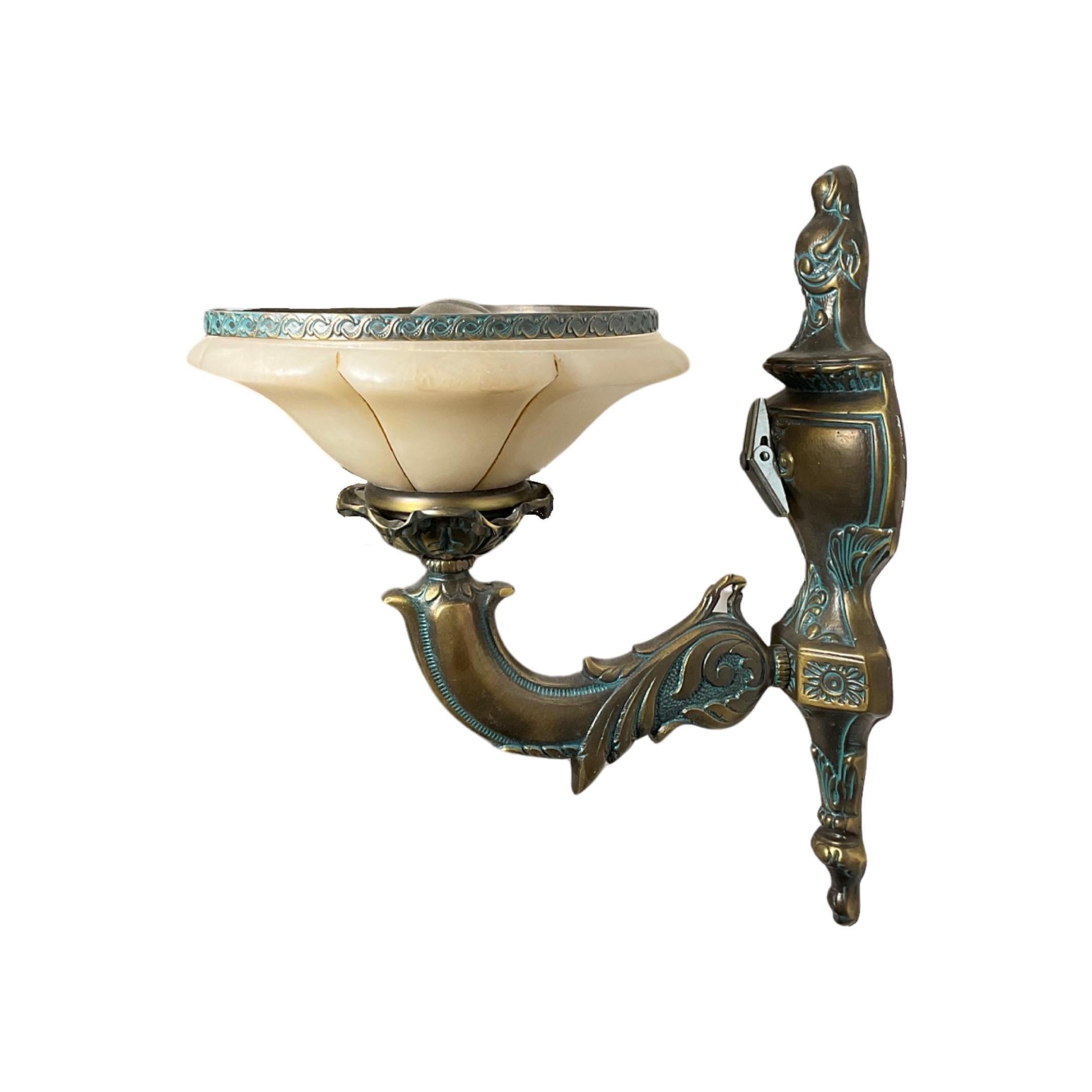 Pair of French Bronze and Alabaster Sconces In Good Condition For Sale In Dallas, TX