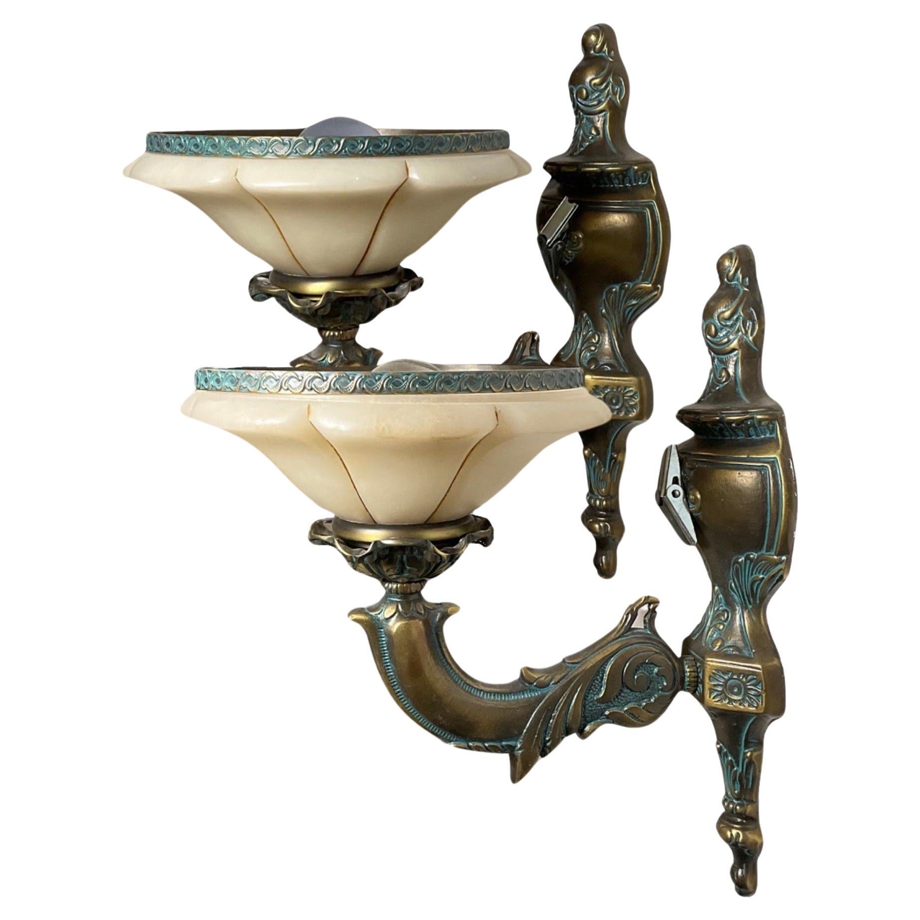 Pair of French Bronze and Alabaster Sconces
