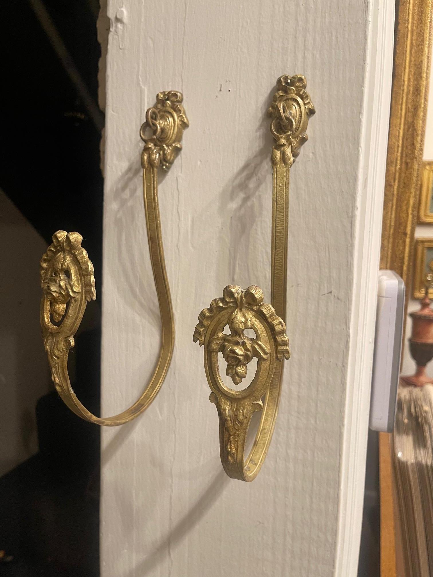 Pair of French Bronze and Brass Curtain Tiebacks or Curtain Holders