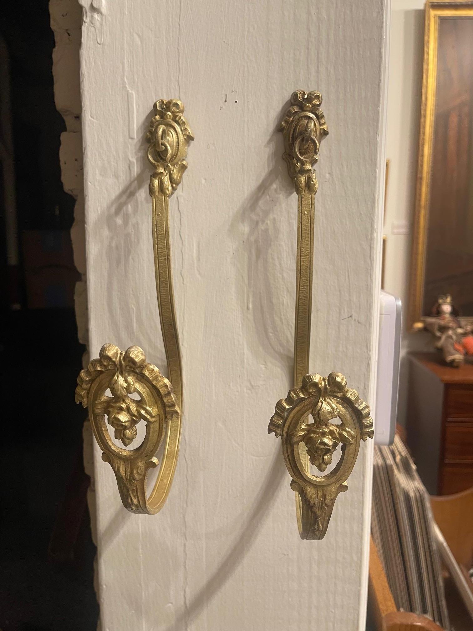 Pair of French Bronze and Brass Curtain Tiebacks or Curtain Holders