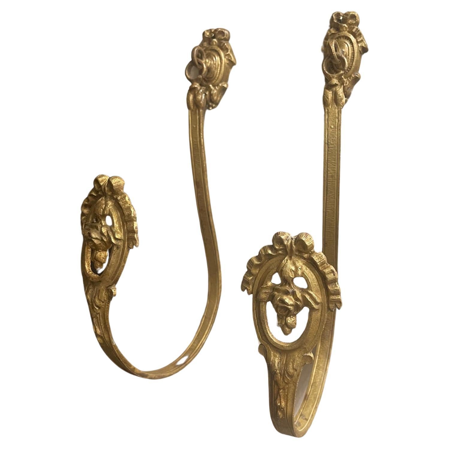 Pair of French Bronze and Brass Curtain Tiebacks or Curtain Holder, 19th Century