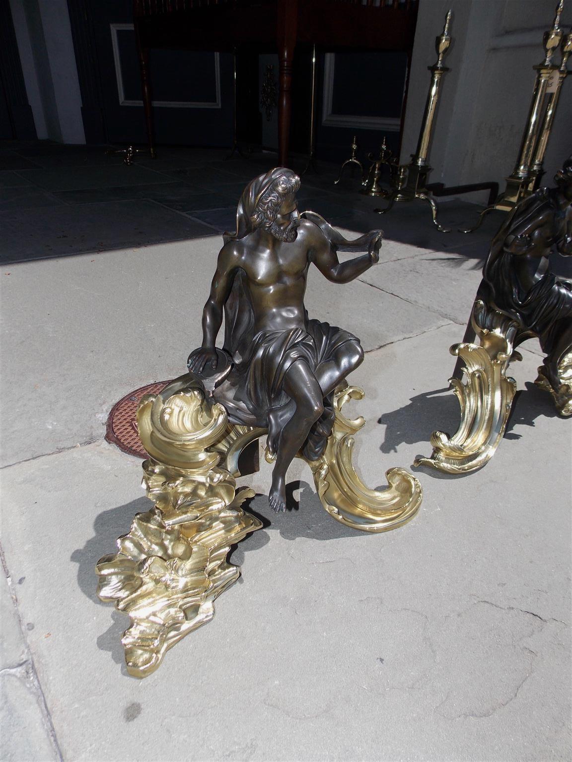 Pair of French Bronze and Brass Mythological Figural Floral Chenets, Circa 1820 In Excellent Condition For Sale In Hollywood, SC