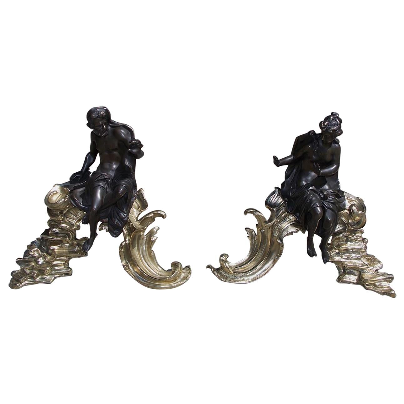 Coppia di Chenets floreali mitologici in bronzo e ottone, circa 1820