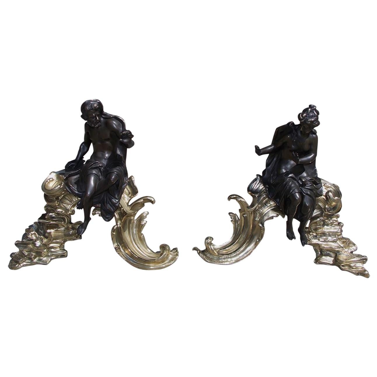 Pair of French Bronze and Brass Mythological Figural Floral Chenets, Circa 1820 For Sale