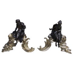 Pareja de Chenets Florales Mitológicos Figurales Franceses de Bronce y Latón, Circa 1820