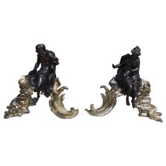 Pair of French Bronze and Brass Mythological Figural Floral Chenets, Circa 1820