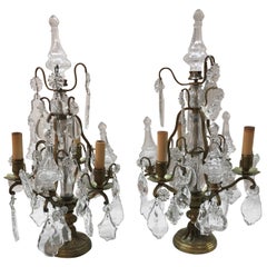 Pair of French Bronze and Crystal 3-Light Girandoles