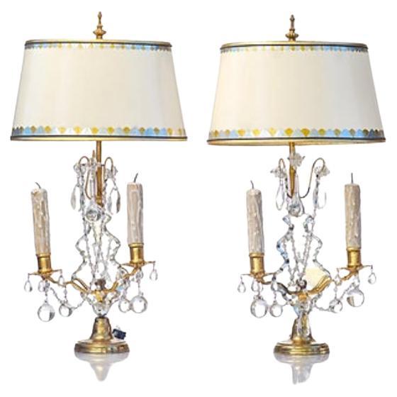 Coppia di lampade Girondole francesi in bronzo e cristallo, 1900