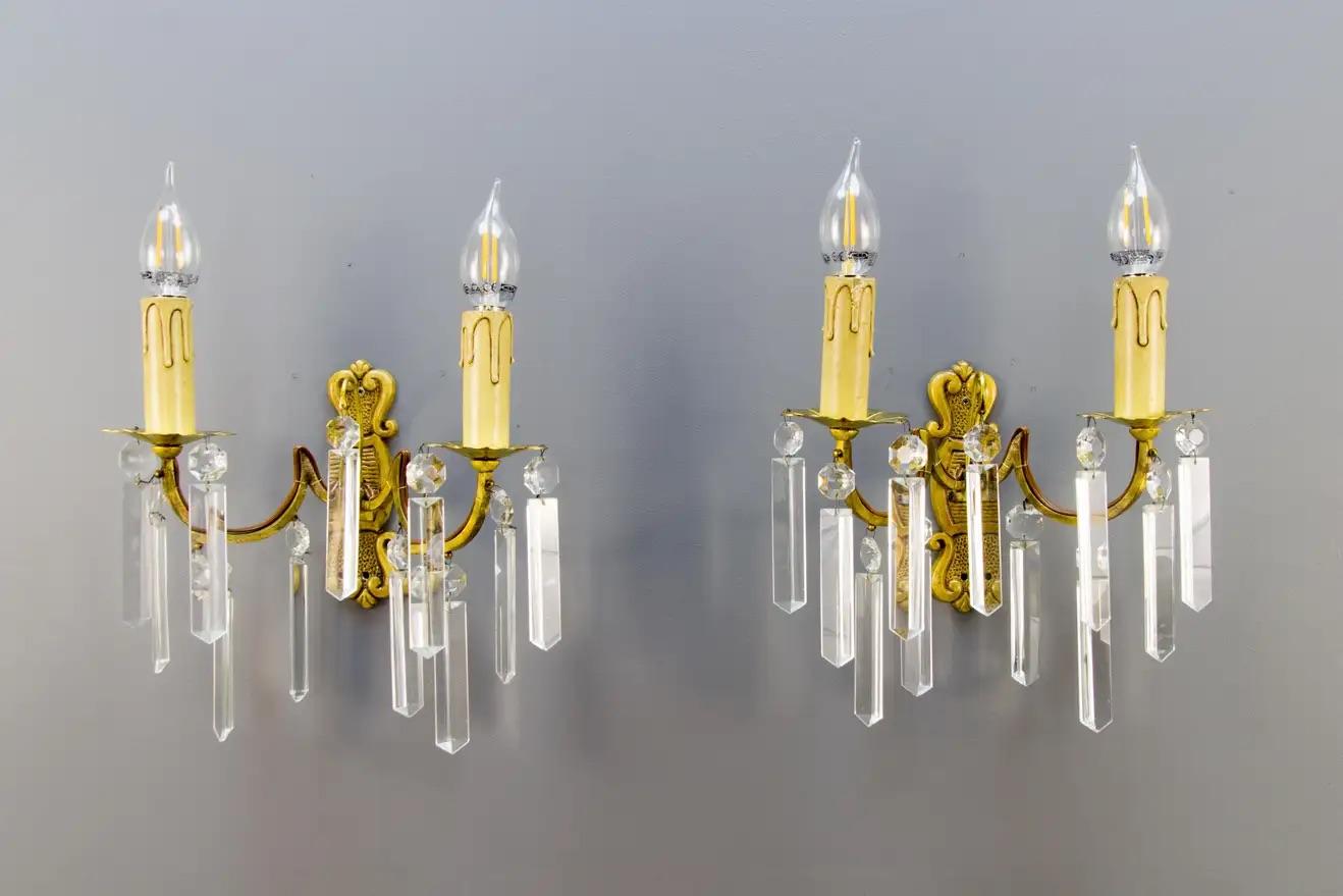 Pair of French Bronze and Crystal Glass Twin Arm Wall Sconces, ca. 1930 For Sale 14