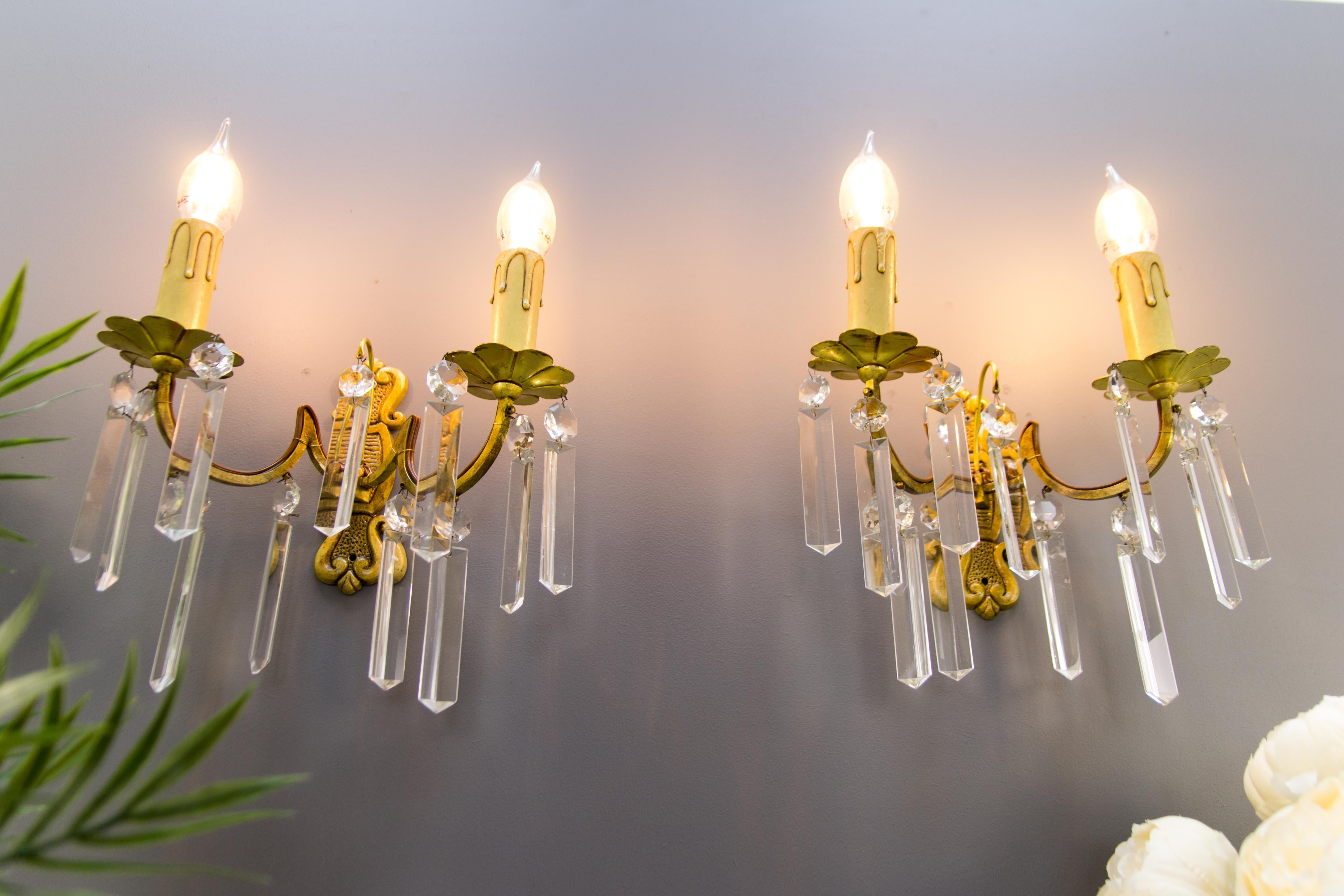 Pair of French Bronze and Crystal Glass Twin Arm Wall Sconces, ca. 1930 For Sale 5