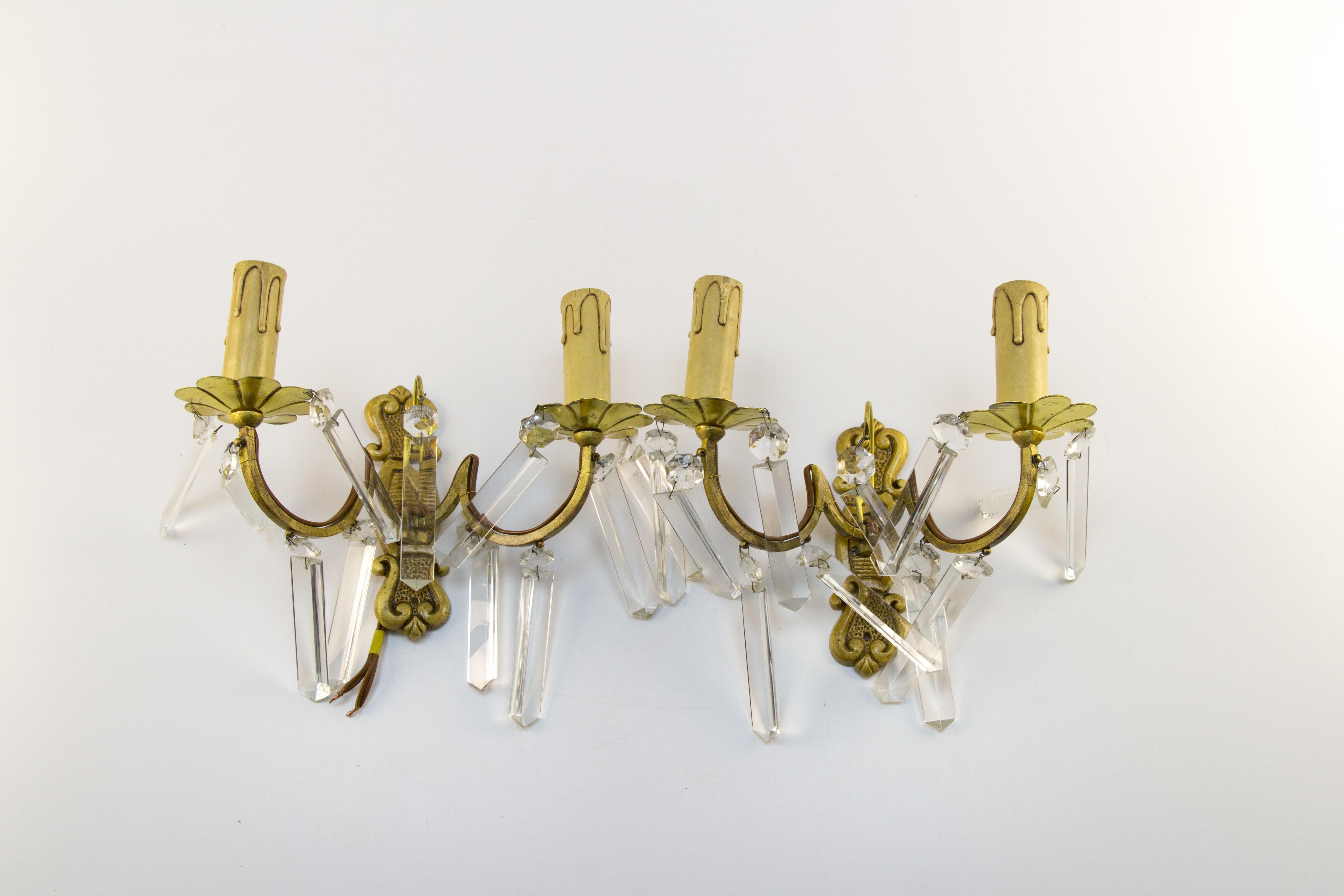 Pair of French Bronze and Crystal Glass Twin Arm Wall Sconces, ca. 1930 For Sale 6
