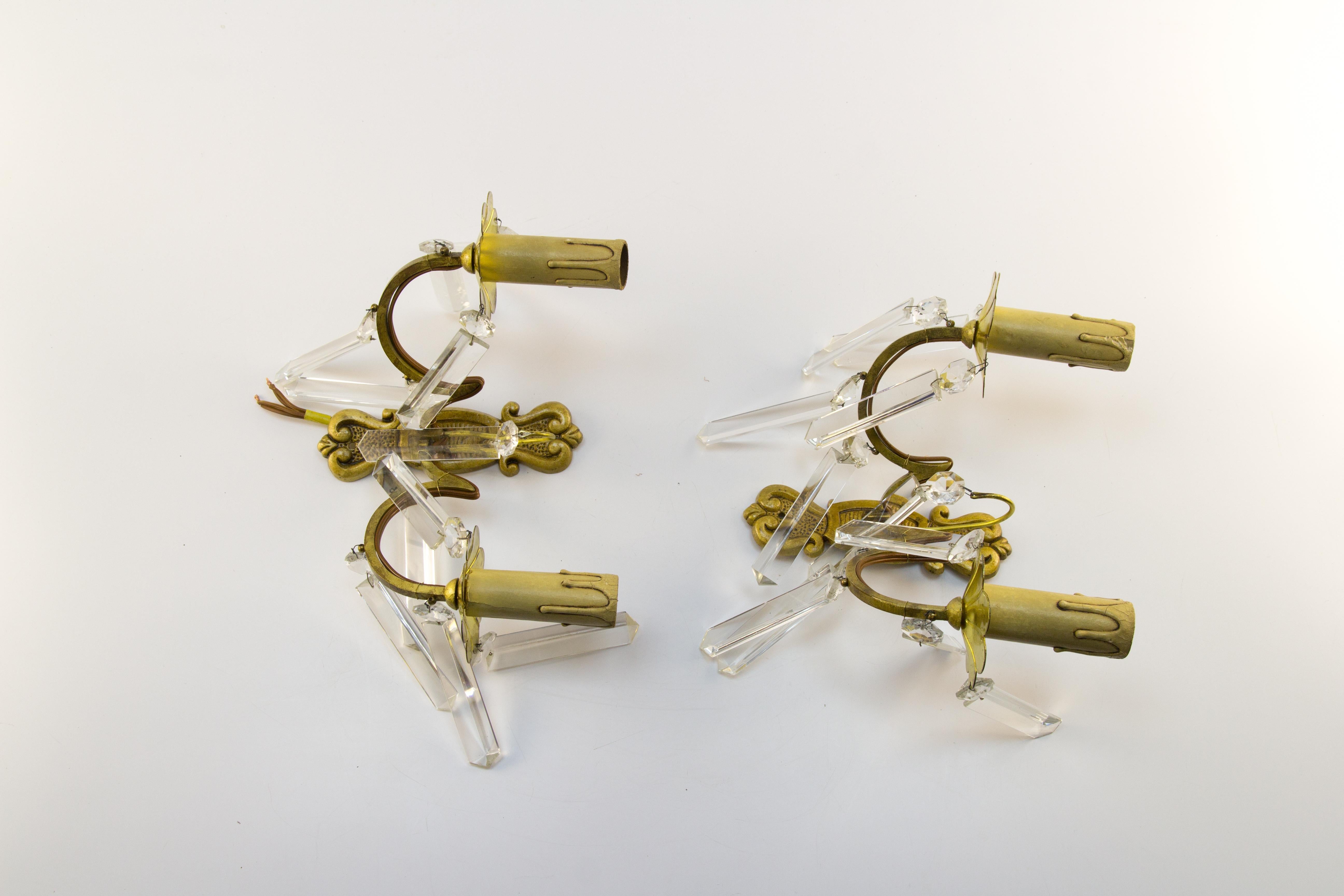 Pair of French Bronze and Crystal Glass Twin Arm Wall Sconces, ca. 1930 For Sale 8