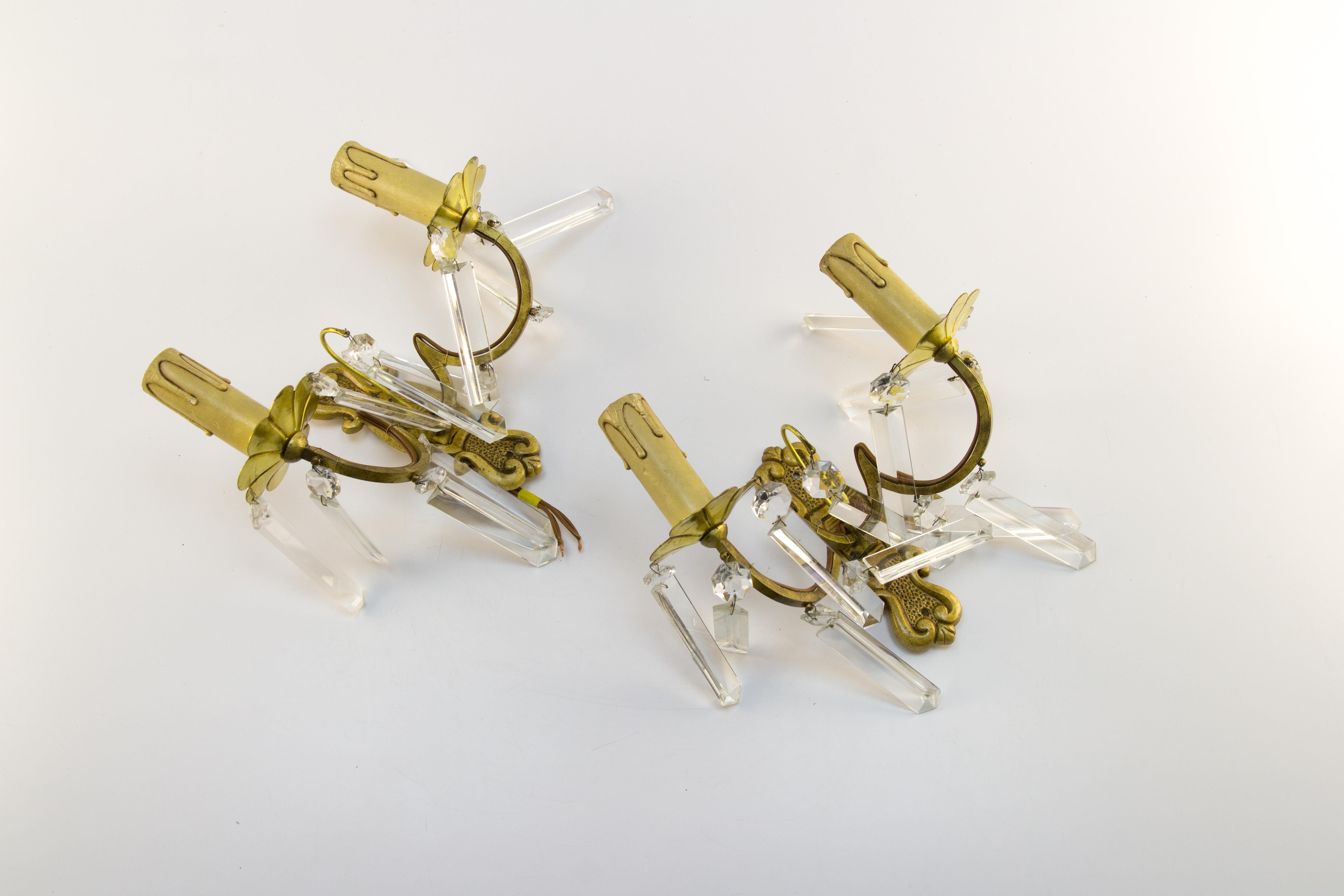 Pair of French Bronze and Crystal Glass Twin Arm Wall Sconces, ca. 1930 For Sale 11