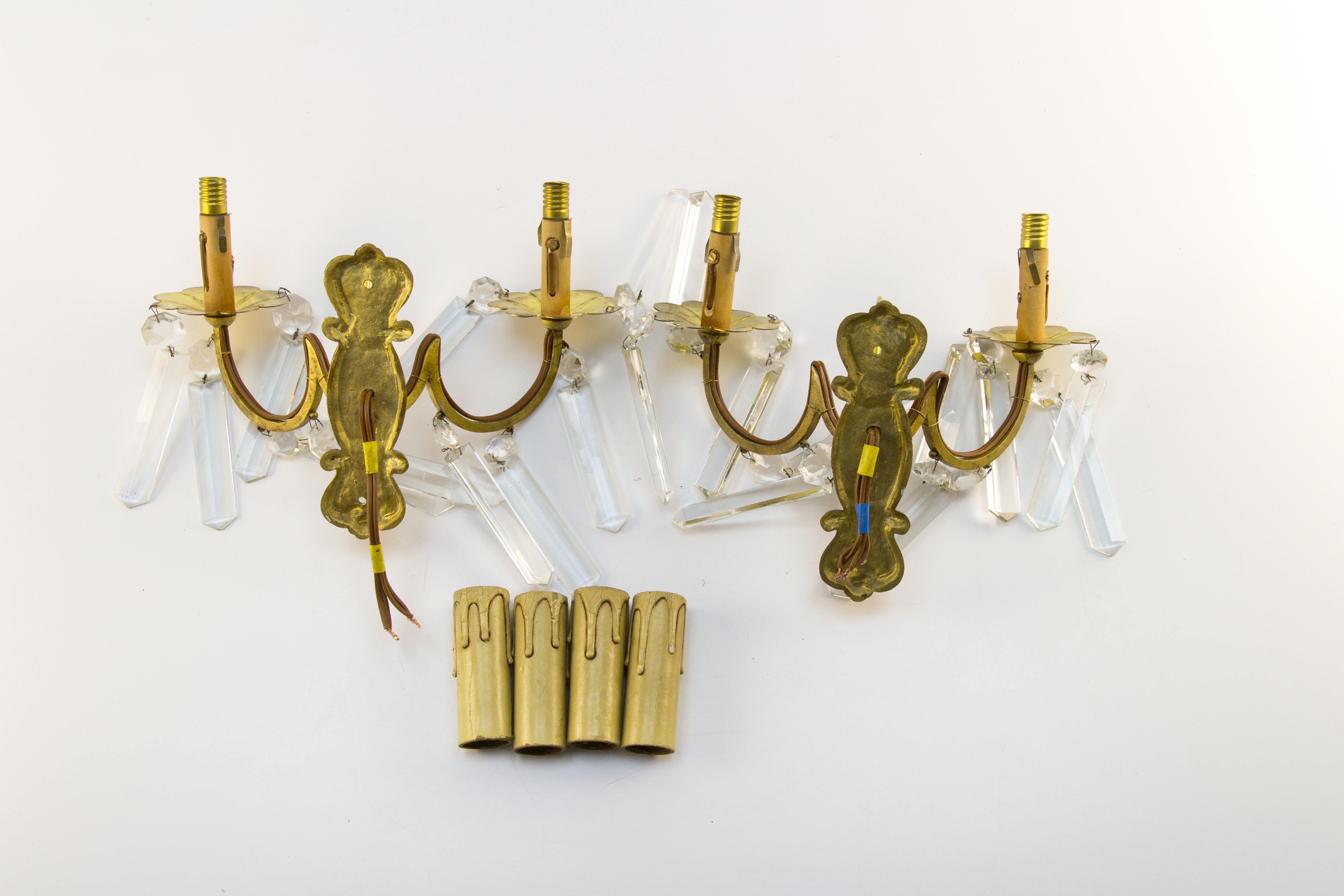 Pair of French Bronze and Crystal Glass Twin Arm Wall Sconces, ca. 1930 For Sale 13