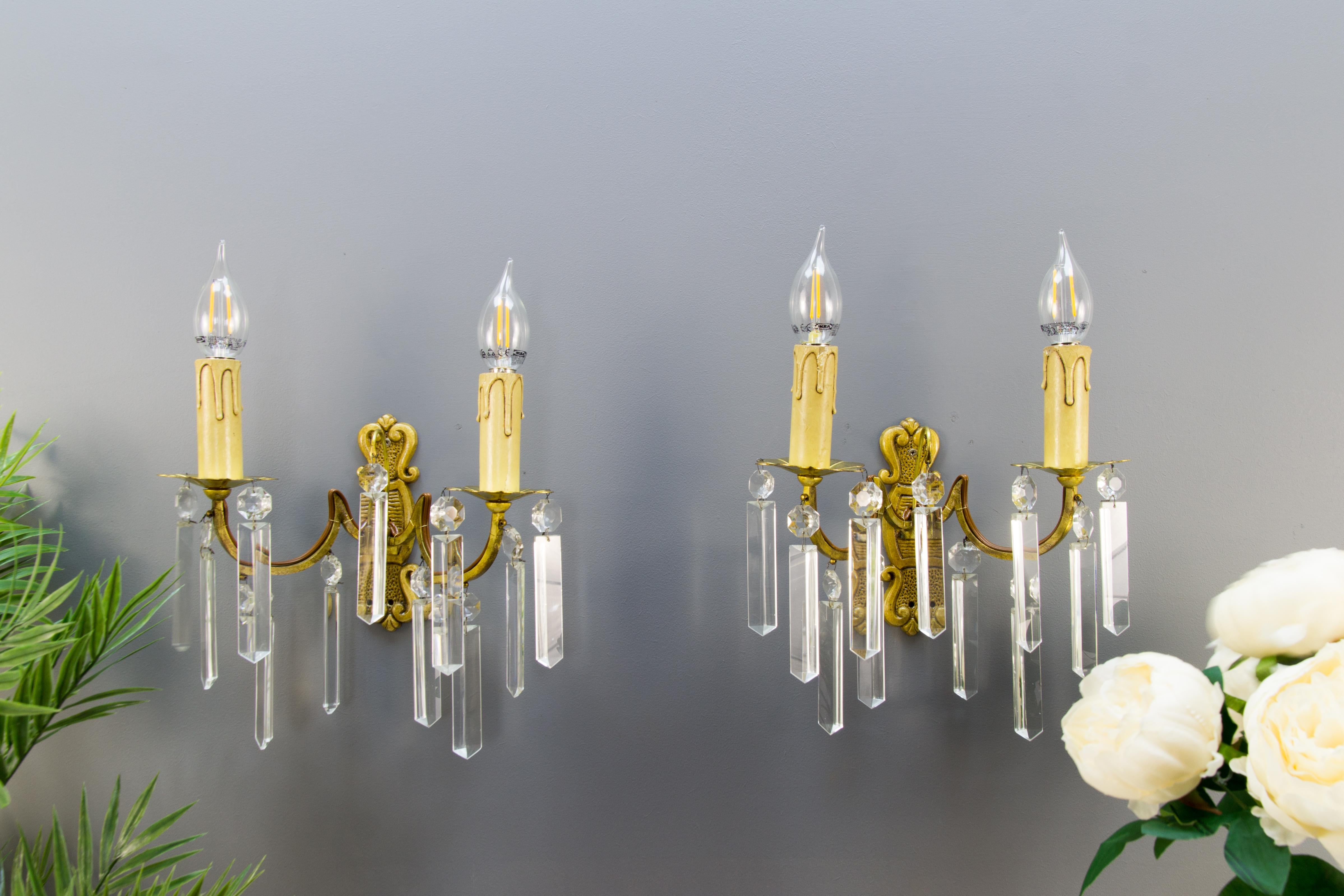 Baroque Pair of French Bronze and Crystal Glass Twin Arm Wall Sconces, ca. 1930 For Sale