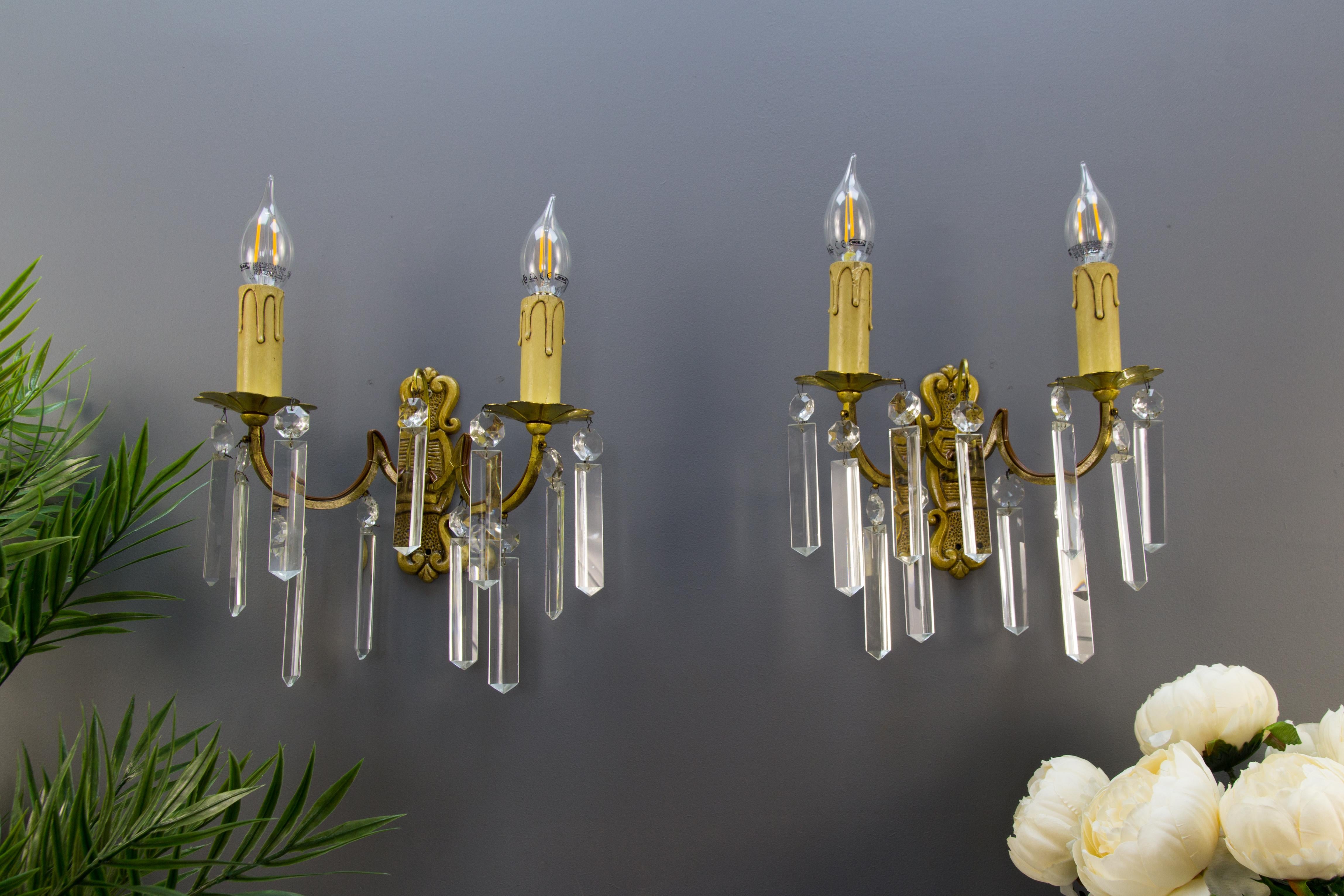 Pair of French Bronze and Crystal Glass Twin Arm Wall Sconces, ca. 1930 For Sale 1