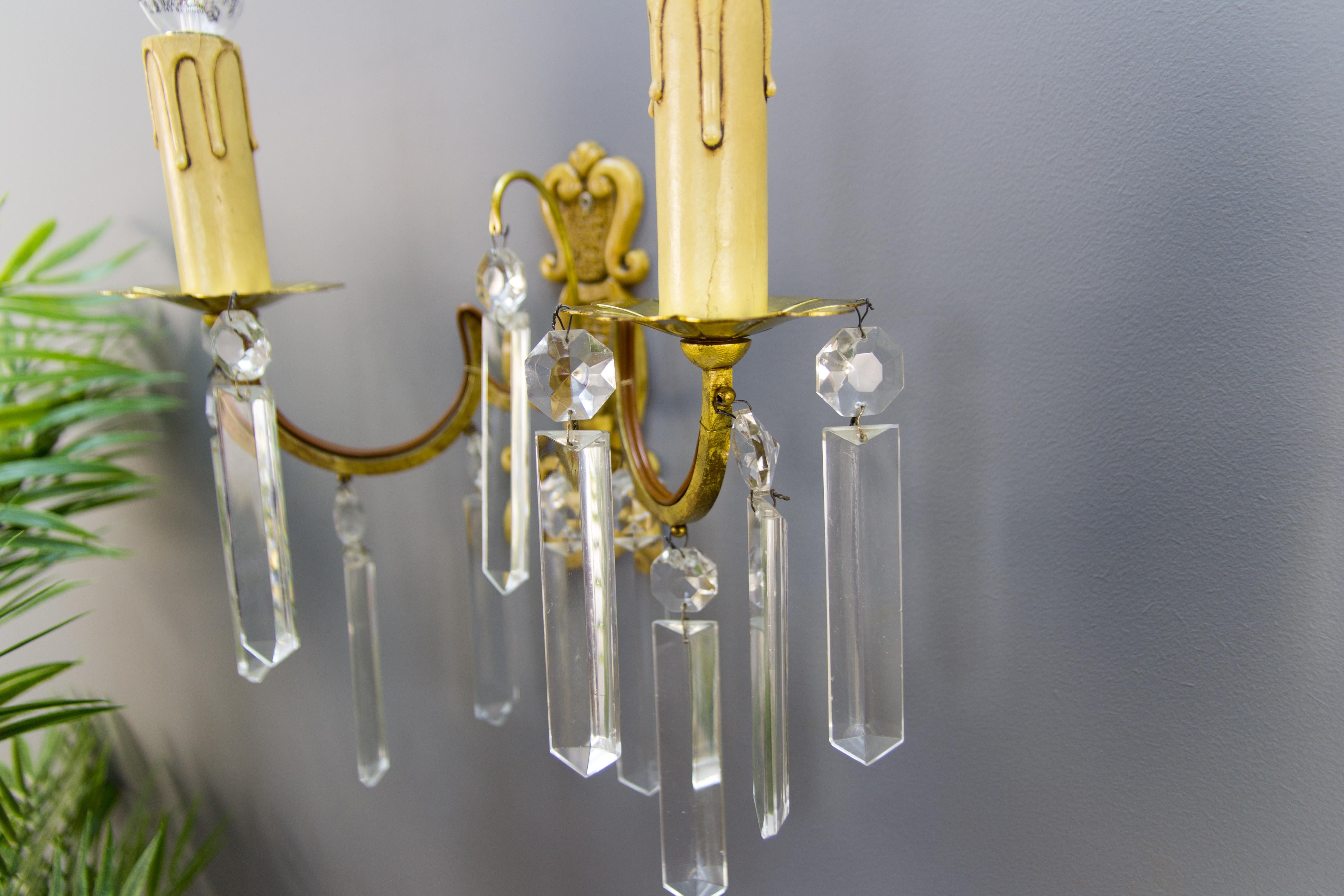 Pair of French Bronze and Crystal Glass Twin Arm Wall Sconces, ca. 1930 For Sale 2