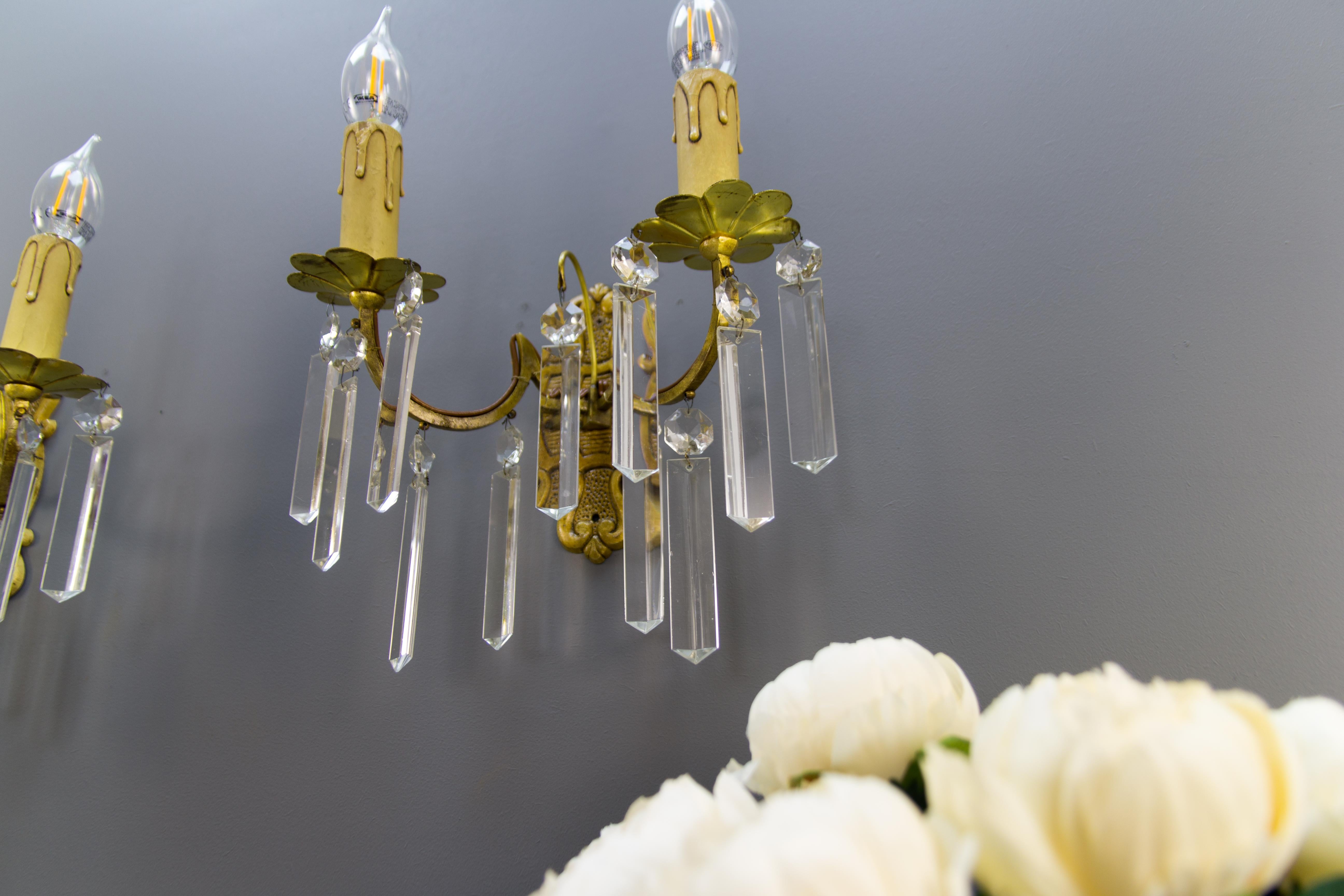 Pair of French Bronze and Crystal Glass Twin Arm Wall Sconces, ca. 1930 For Sale 3