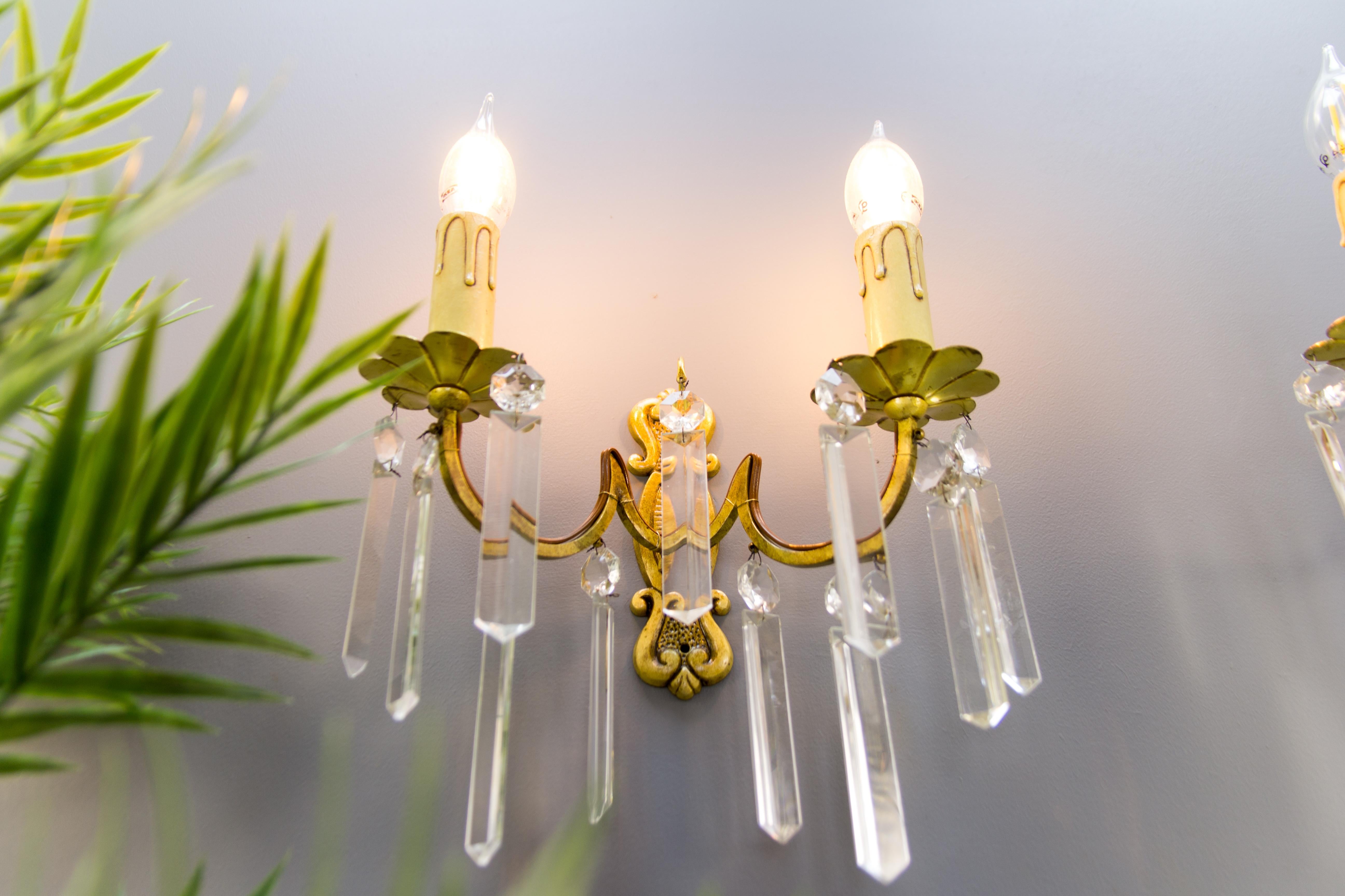 Pair of French Bronze and Crystal Glass Twin Arm Wall Sconces, ca. 1930 For Sale 4