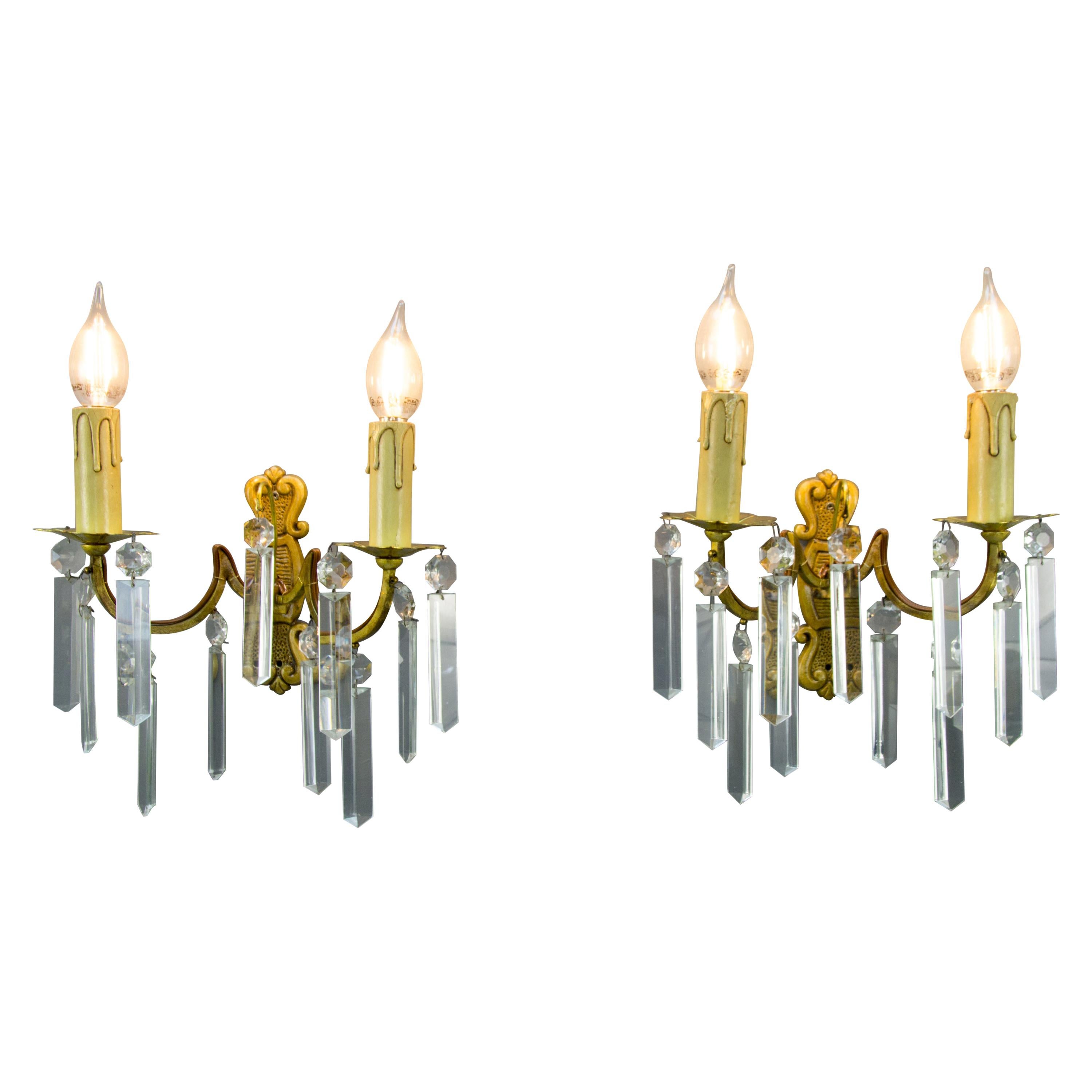 Pair of French Bronze and Crystal Glass Twin Arm Wall Sconces, ca. 1930 For Sale