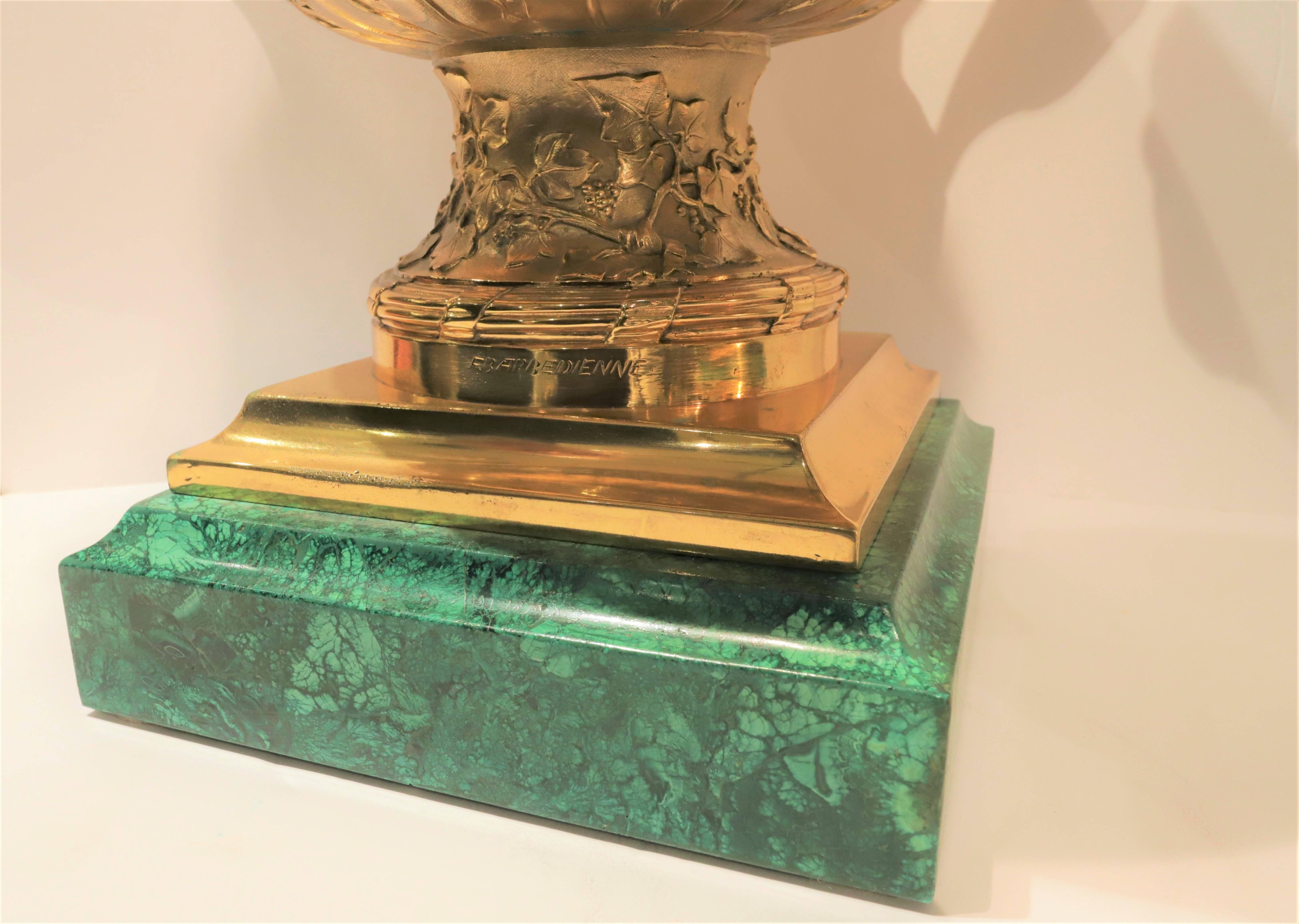 Late 19th Century Pair of French  Bronze and Malachite Signed Barbedienne Vases
