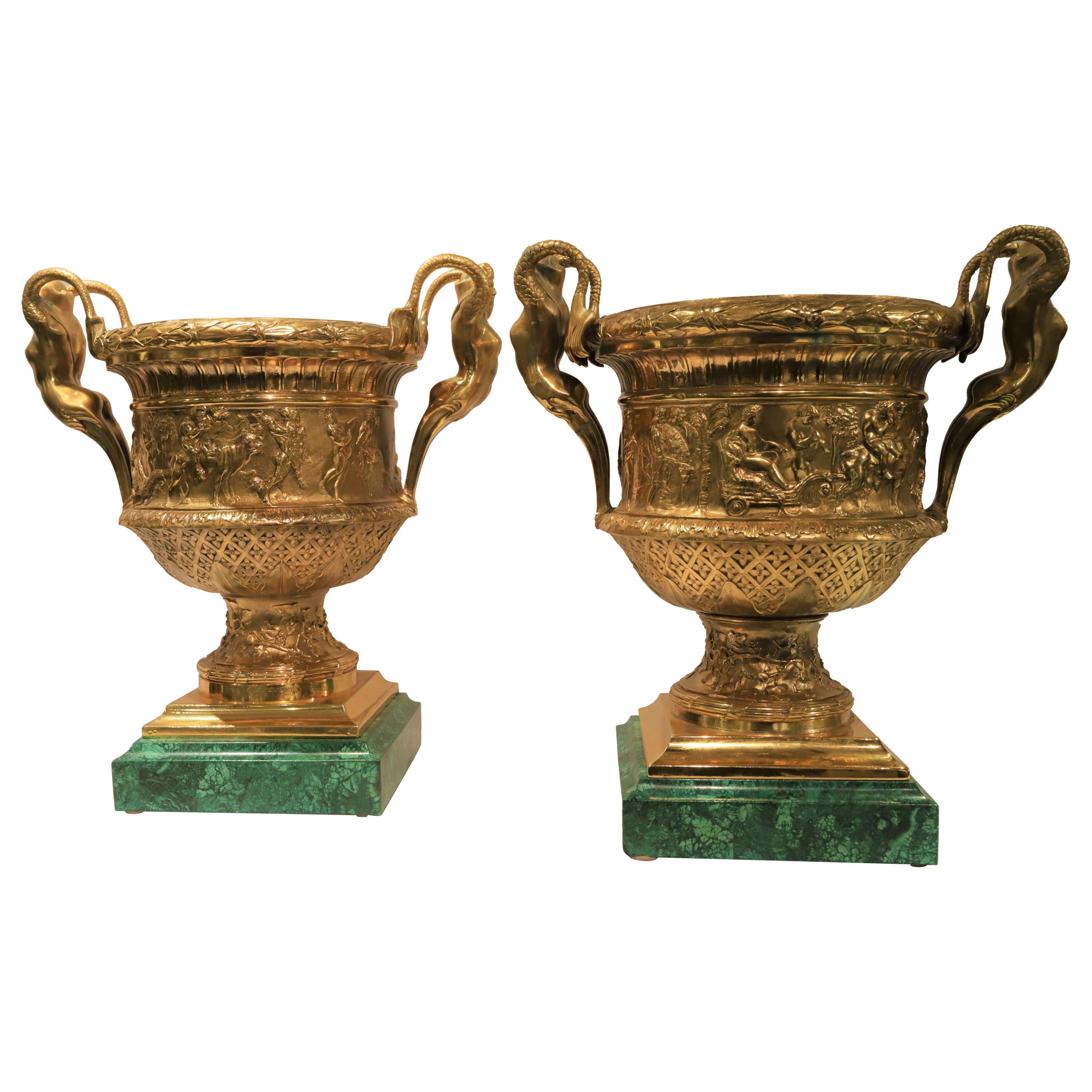 Pair of French  Bronze and Malachite Signed Barbedienne Vases